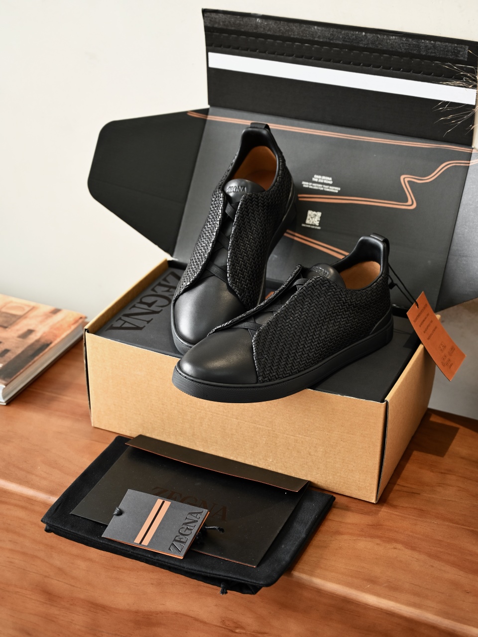 杰尼亚  Zegna  Triple Stitch Woven Leather Upper Laceless Sneakers -black-C0-RLHSPT-S4665Z-NEEE