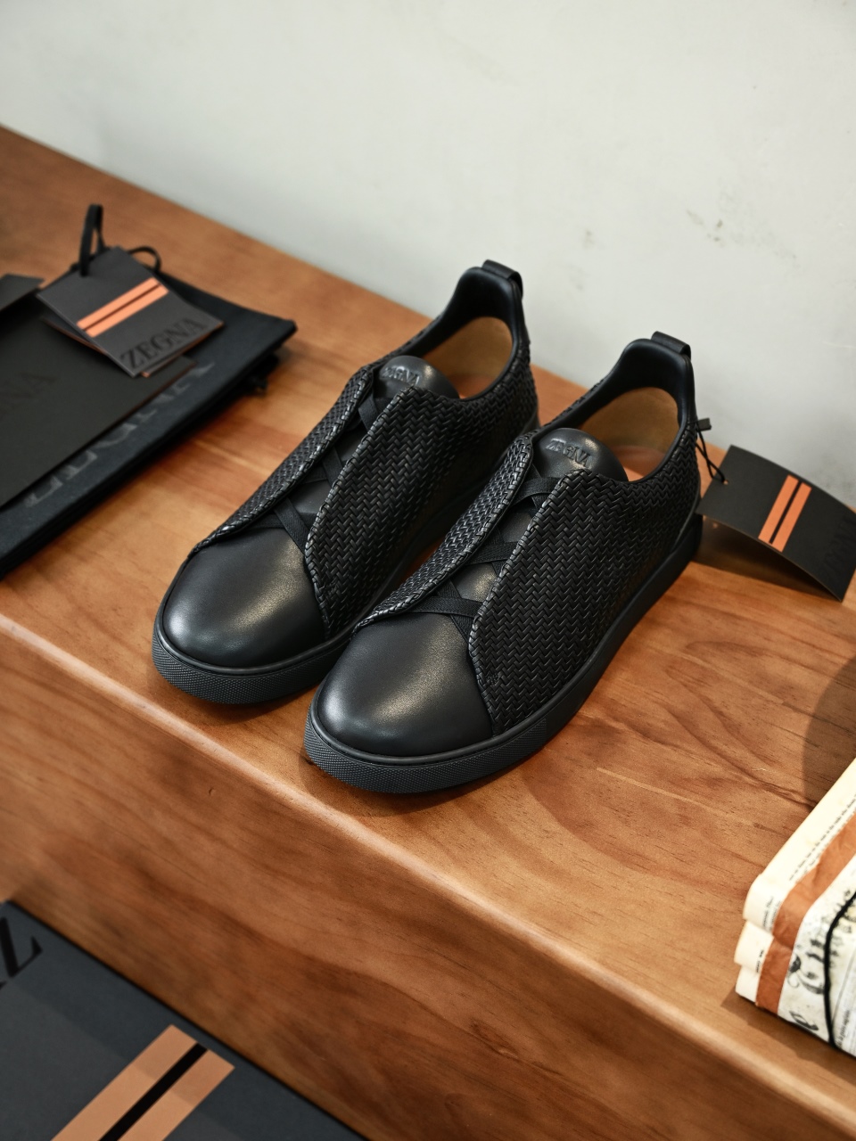 杰尼亚  Zegna  Triple Stitch Woven Leather Upper Laceless Sneakers -black-C0-RLHSPT-S4665Z-NEEE