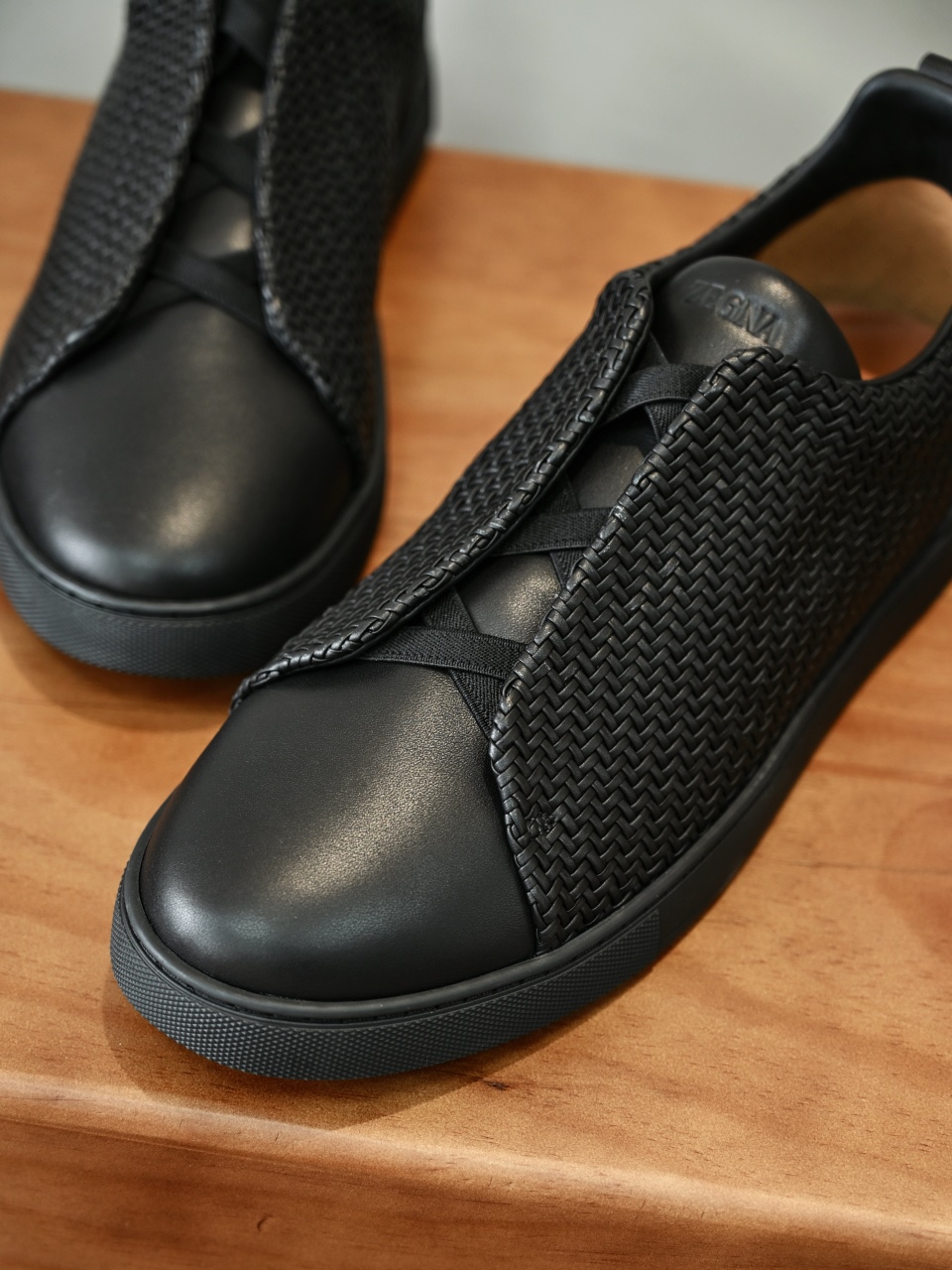 杰尼亚  Zegna  Triple Stitch Woven Leather Upper Laceless Sneakers -black-C0-RLHSPT-S4665Z-NEEE