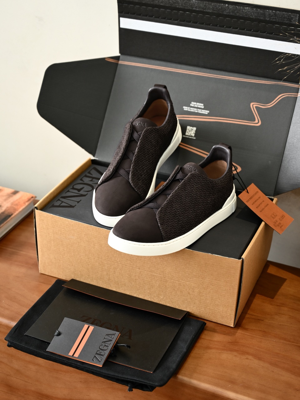 杰尼亚 Suede  Zegna  Triple Stitch Woven Leather Upper Laceless Sneakers - brown-C0-LHPNU 