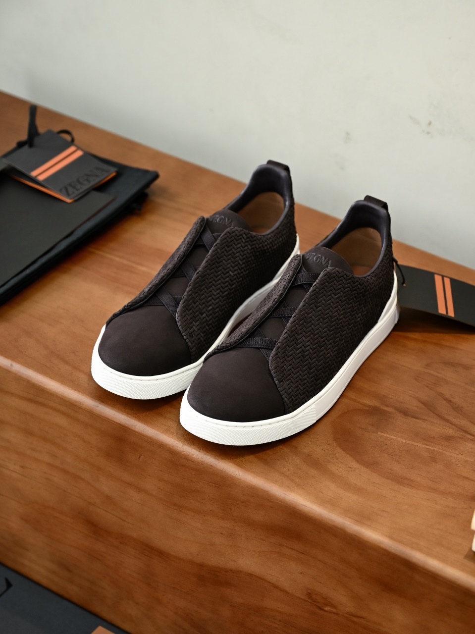 杰尼亚 Suede  Zegna  Triple Stitch Woven Leather Upper Laceless Sneakers - brown-C0-LHPNU 