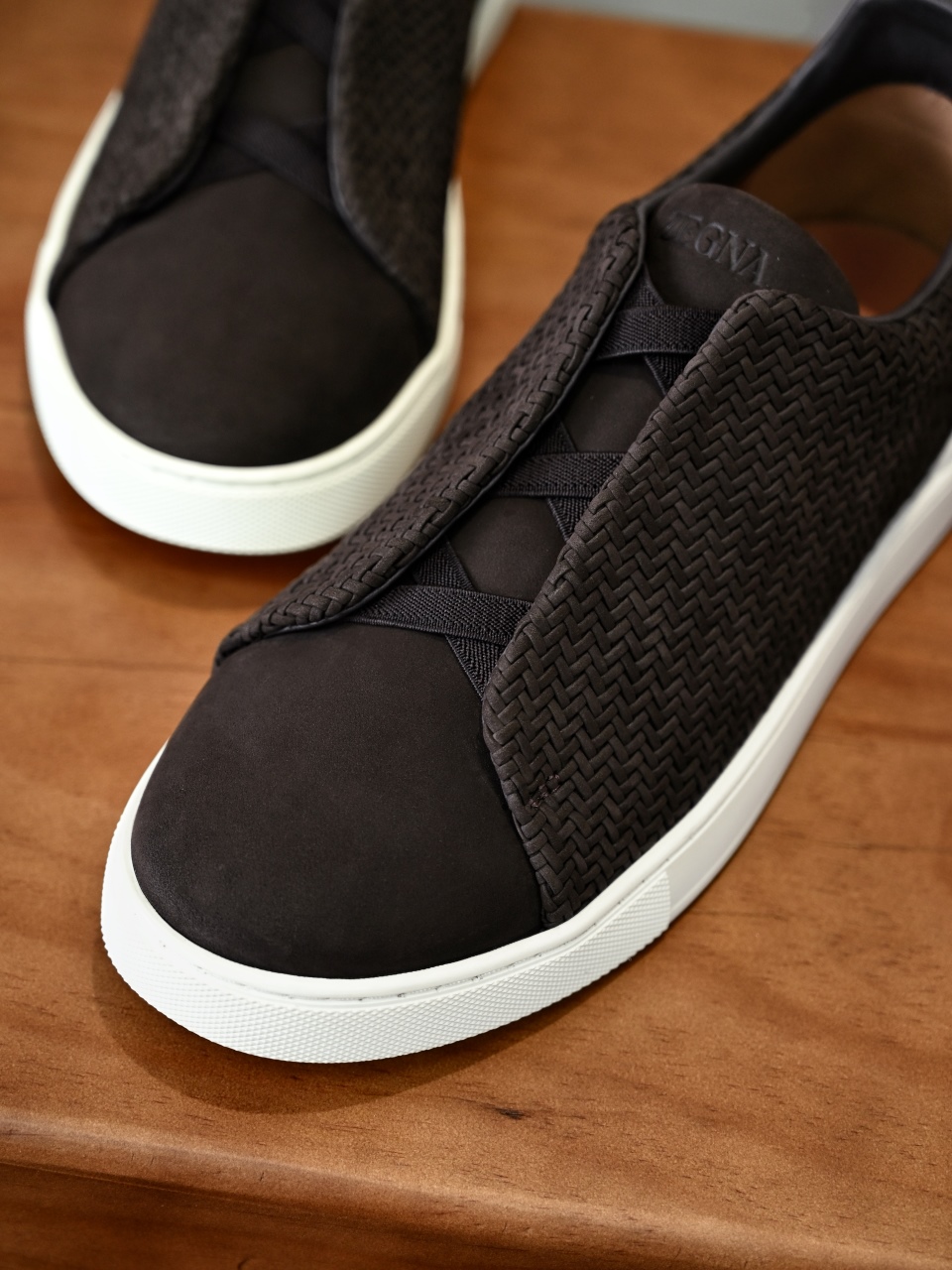 杰尼亚 Suede  Zegna  Triple Stitch Woven Leather Upper Laceless Sneakers - brown-C0-LHPNU 