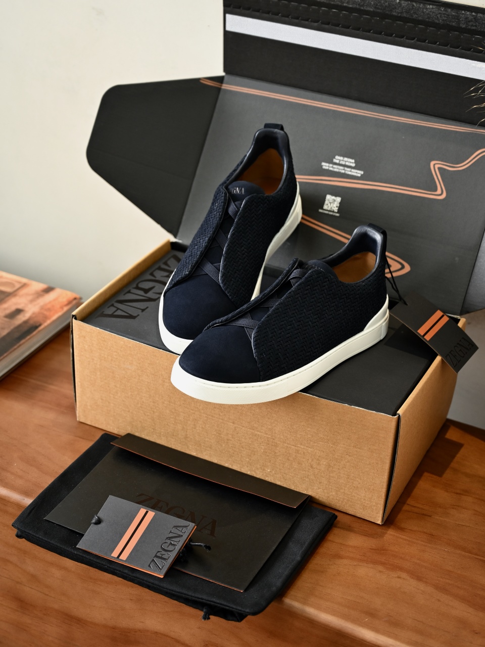 杰尼亚 Suede  Zegna  Triple Stitch Woven Leather Upper Laceless Sneakers - Navy blue-C0-LHPNU 