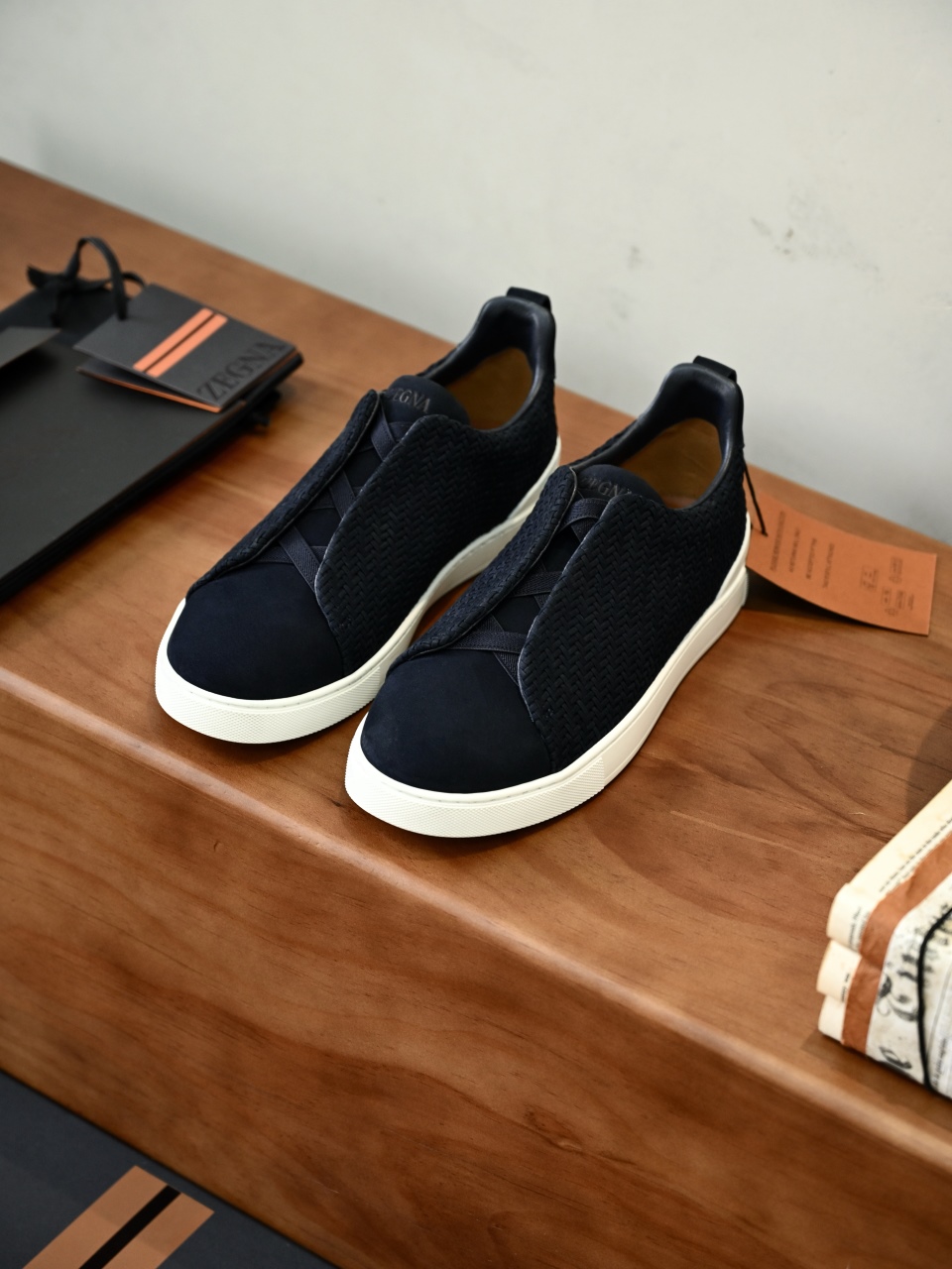 杰尼亚 Suede  Zegna  Triple Stitch Woven Leather Upper Laceless Sneakers - Navy blue-C0-LHPNU 