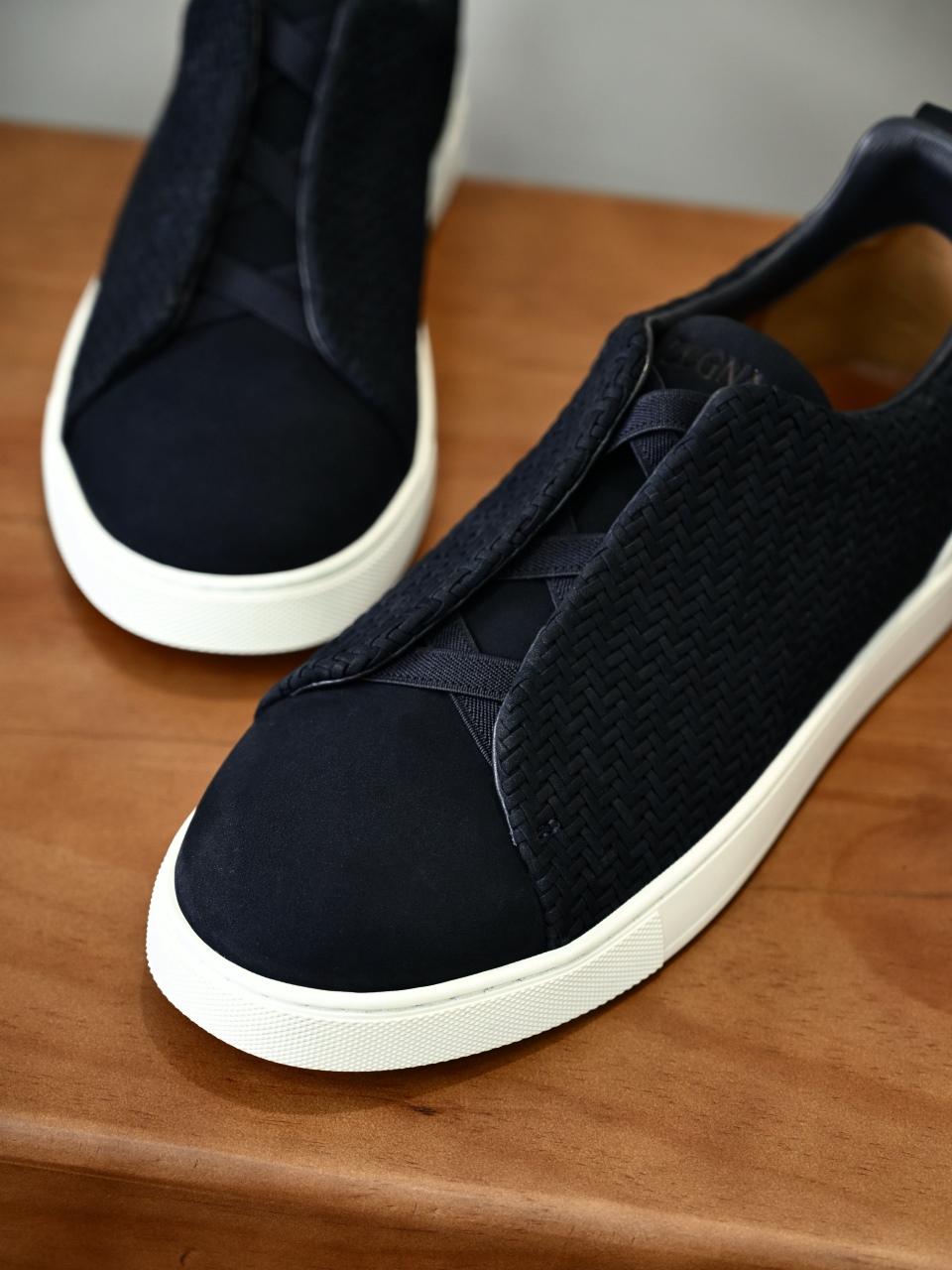 杰尼亚 Suede  Zegna  Triple Stitch Woven Leather Upper Laceless Sneakers - Navy blue-C0-LHPNU 