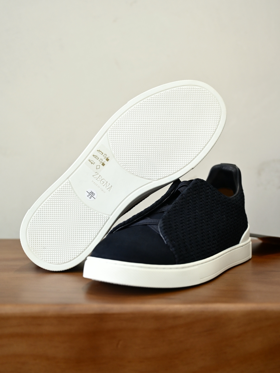 杰尼亚 Suede  Zegna  Triple Stitch Woven Leather Upper Laceless Sneakers - Navy blue-C0-LHPNU 