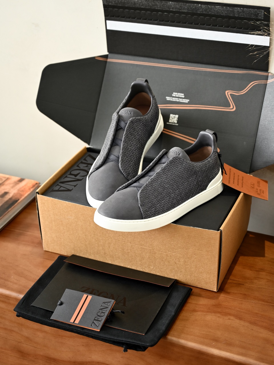 杰尼亚 Suede  Zegna  Triple Stitch Woven Leather Upper Laceless Sneakers - C0-LHPNU 