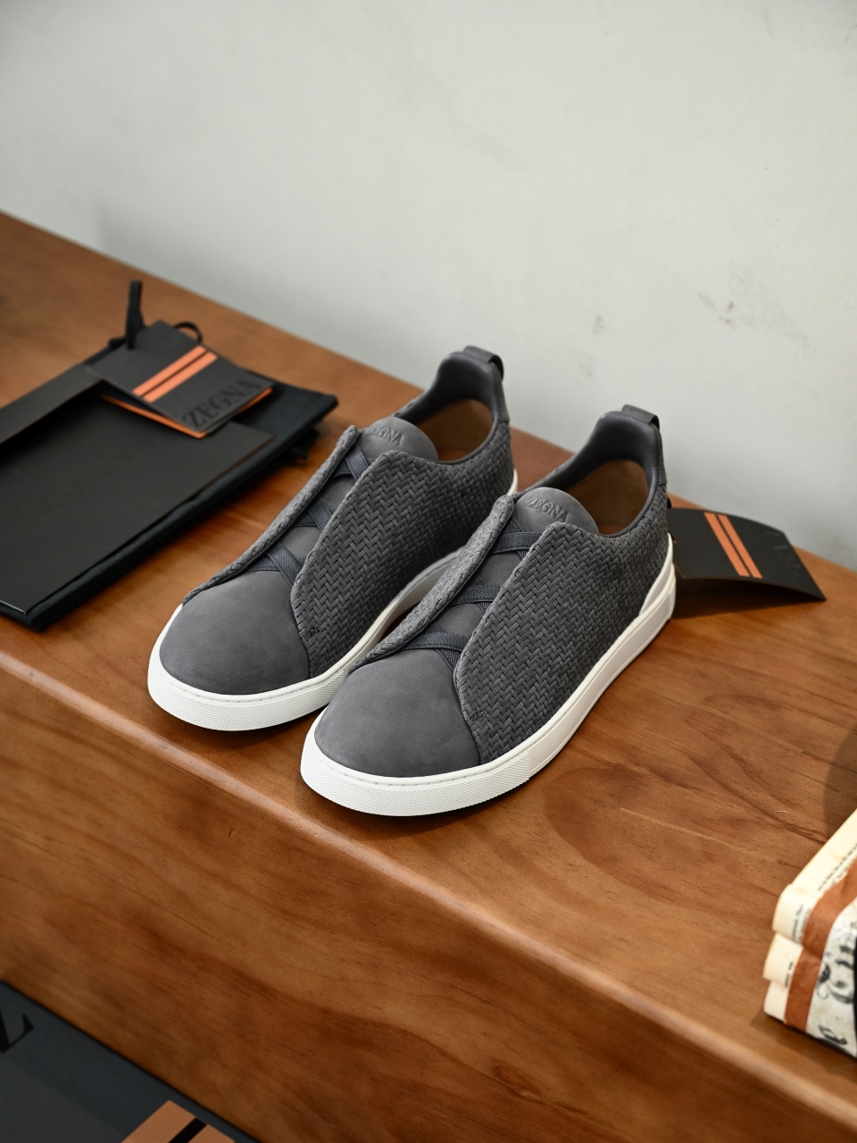 杰尼亚 Suede  Zegna  Triple Stitch Woven Leather Upper Laceless Sneakers - C0-LHPNU 