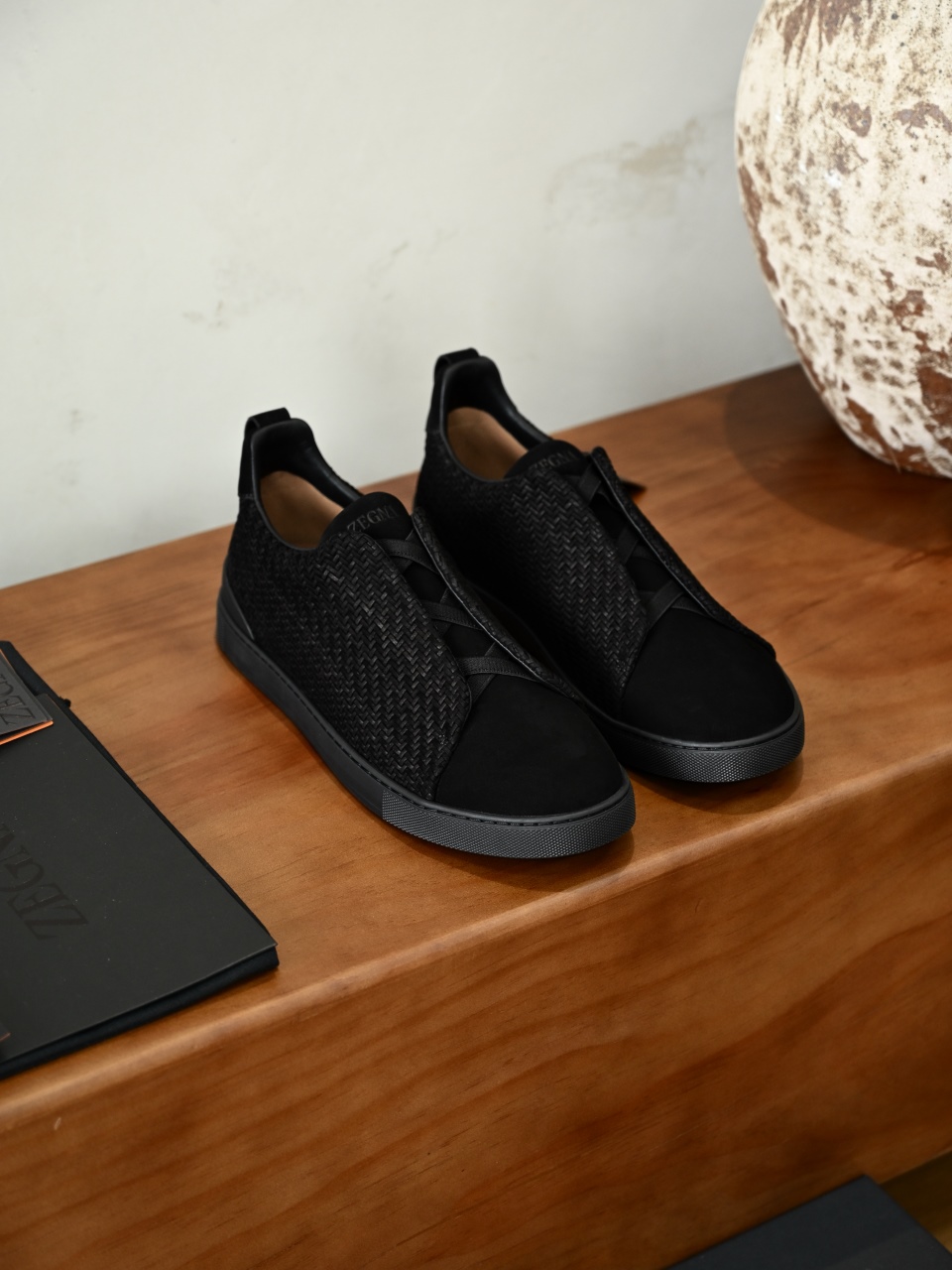 杰尼亚 Suede  Zegna  Triple Stitch Woven Leather Upper Laceless Sneakers - C0-LHPNU 