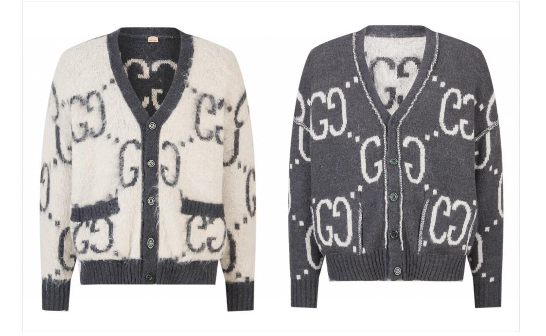 GUCCI 古驰 双面两穿双G提花马海毛V领针织开衫 毛衣 针织衫 外套 秋冬 长袖 B0