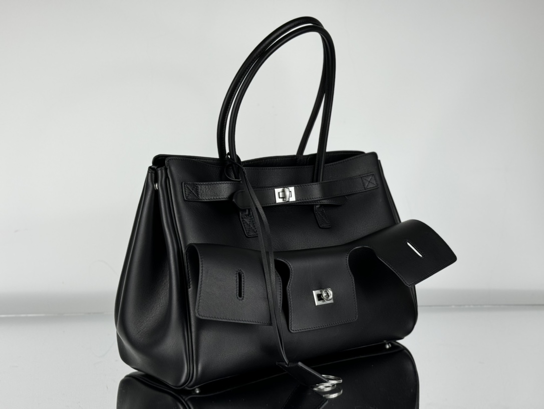 37CM-middle 巴黎世家 单肩斜跨 Balenciag Bel Air  (Crossbody/Shoulder) Cowhide Tote – Black 8054812ABAV1000