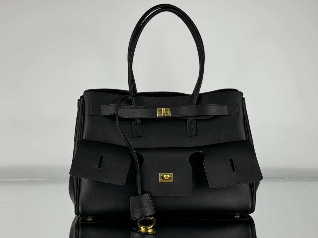 37CM-middle 巴黎世家 单肩斜跨 Balenciag Bel Air  (Crossbody/Shoulder) Cowhide Tote – Black 8054812ABAV1000