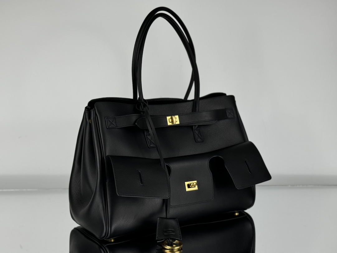 37CM-middle 巴黎世家 单肩斜跨 Balenciag Bel Air  (Crossbody/Shoulder) Cowhide Tote – Black 8054812ABAV1000