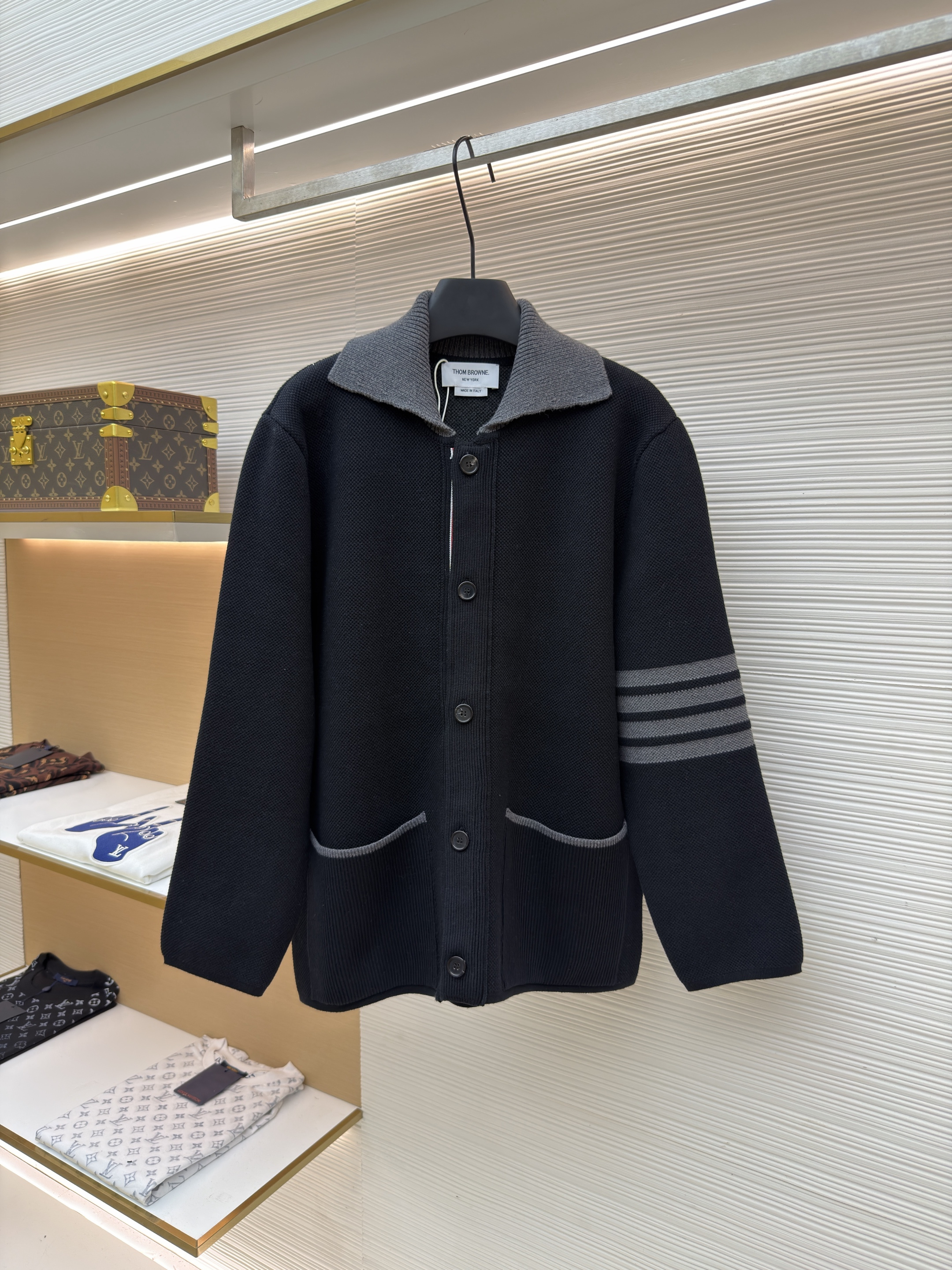 THOM BROWNE 针织Polo领工装夹克 外套 长袖 黑灰色 C0