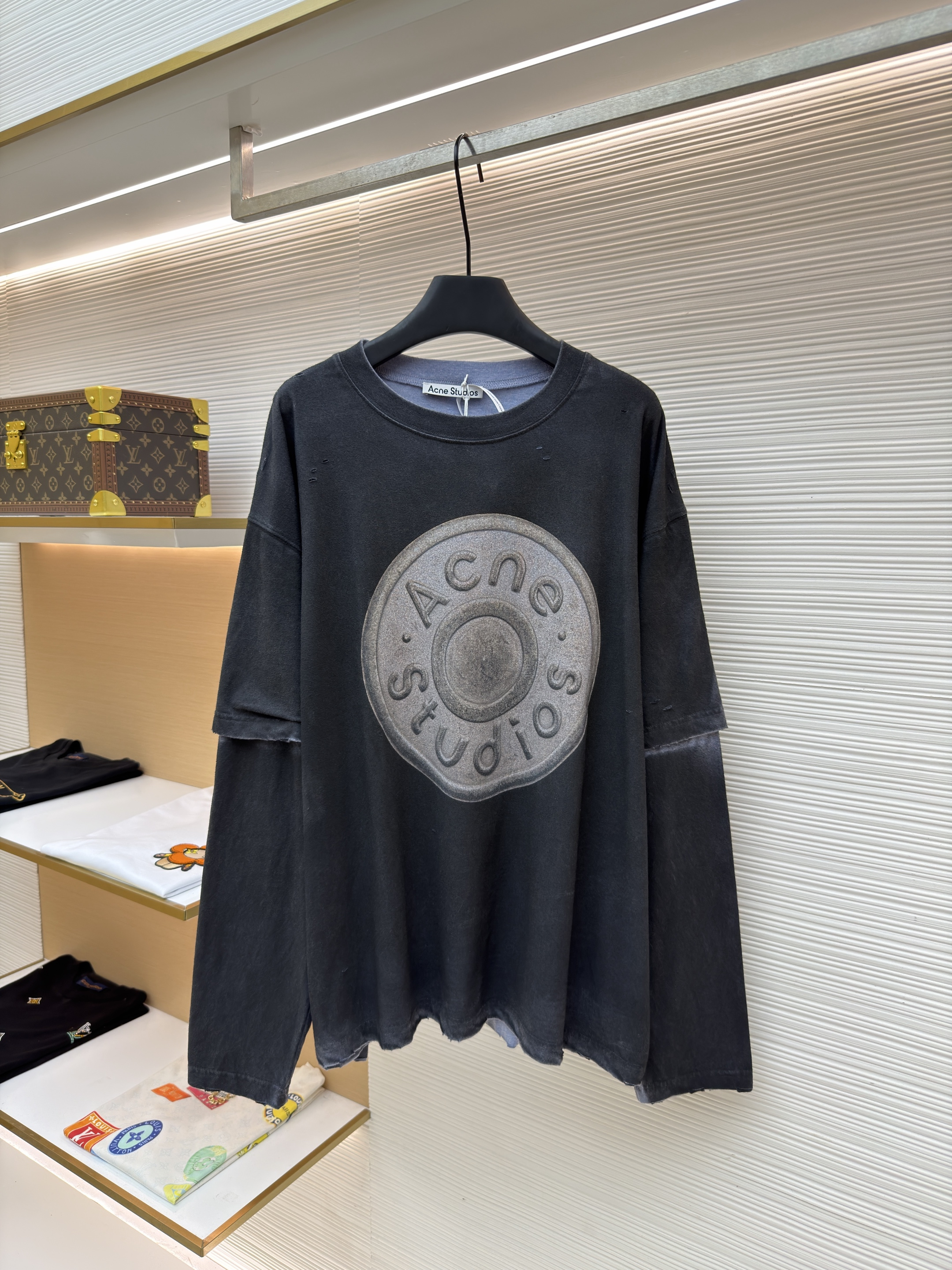 Acne Studios 假两件做旧圆环数码直喷圆领T恤 打底衫 长袖 灰色 A5 