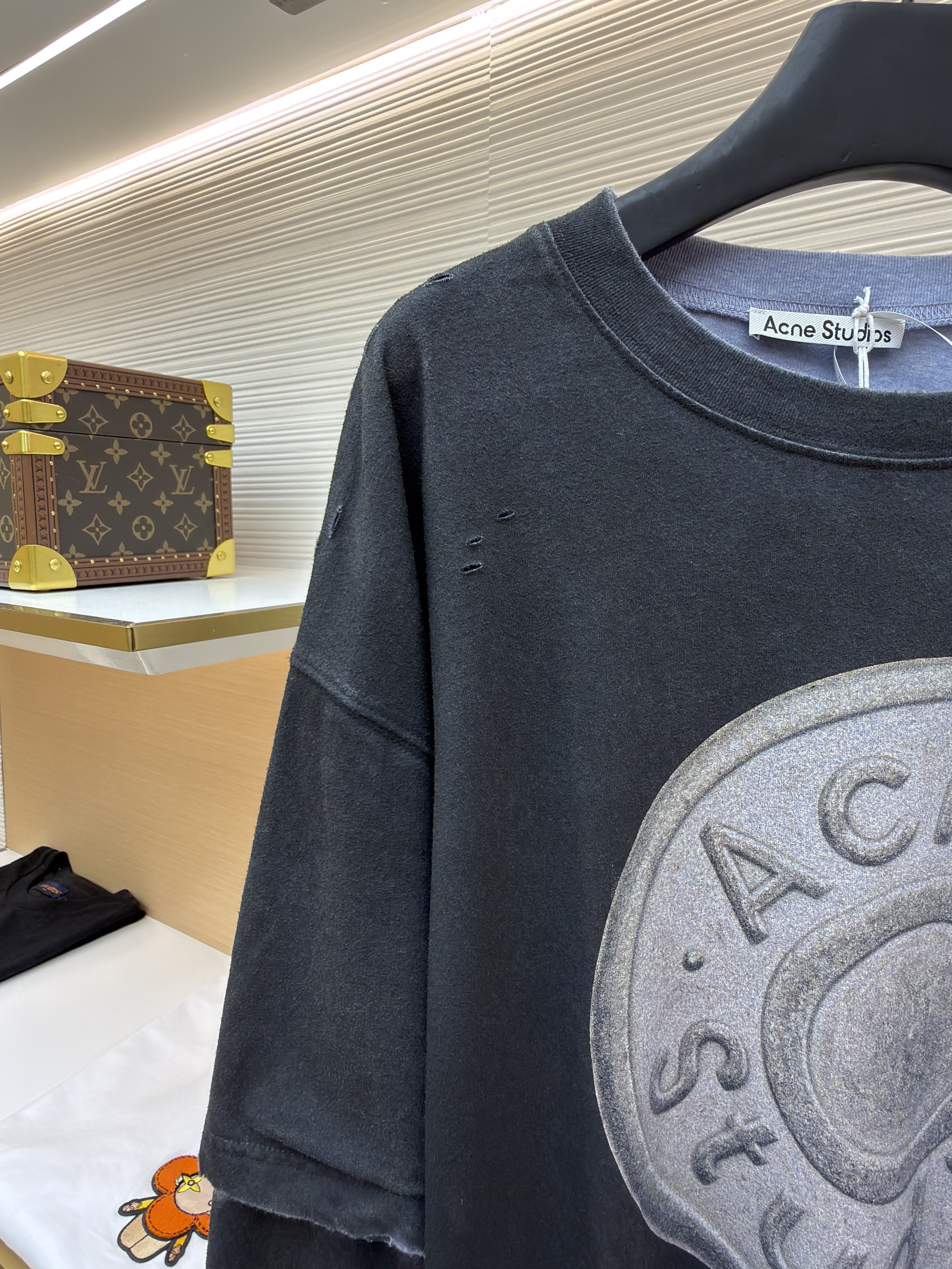 Acne Studios 假两件做旧圆环数码直喷圆领T恤 打底衫 长袖 灰色 A5 