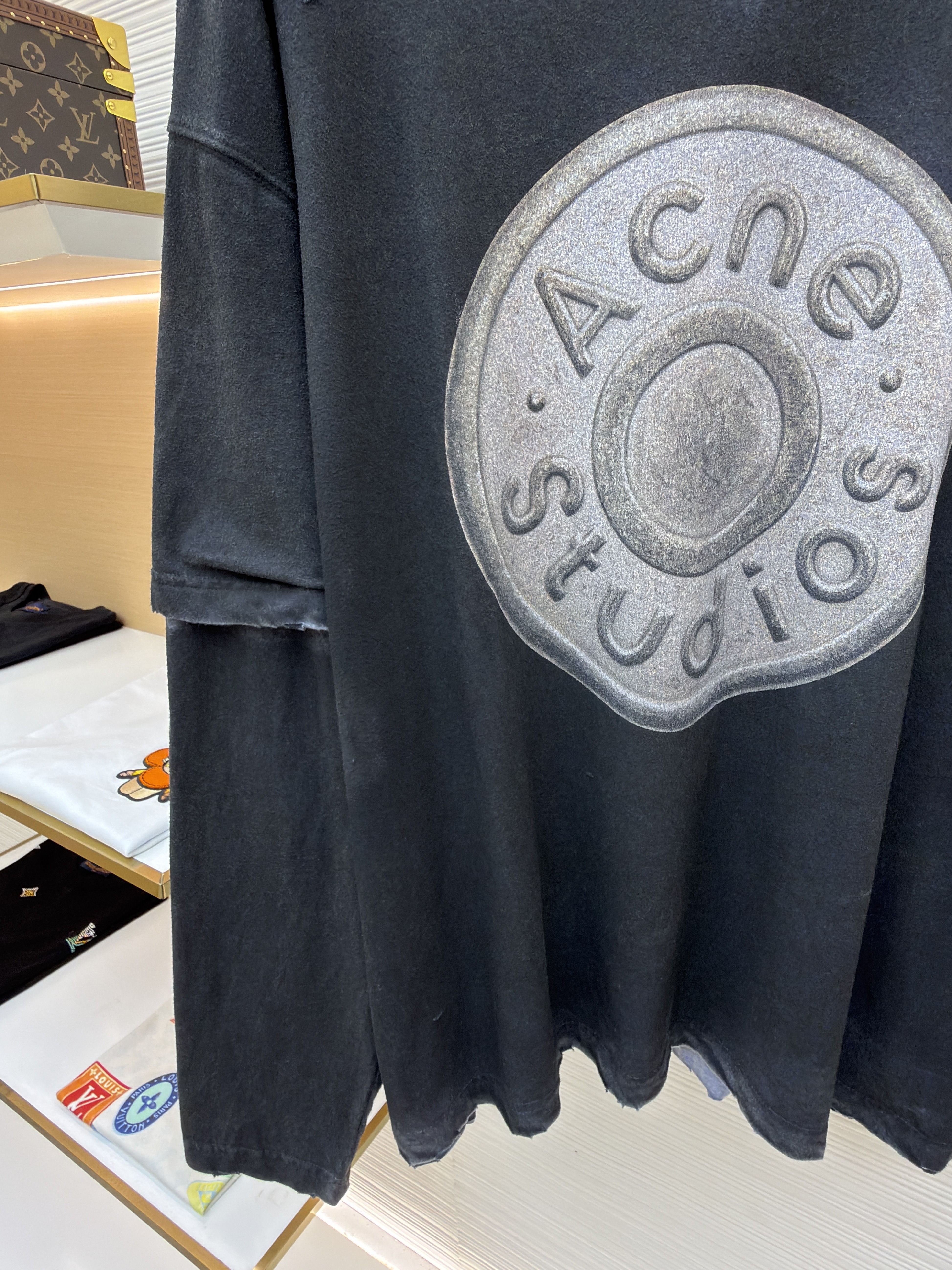 Acne Studios 假两件做旧圆环数码直喷圆领T恤 打底衫 长袖 灰色 A5 