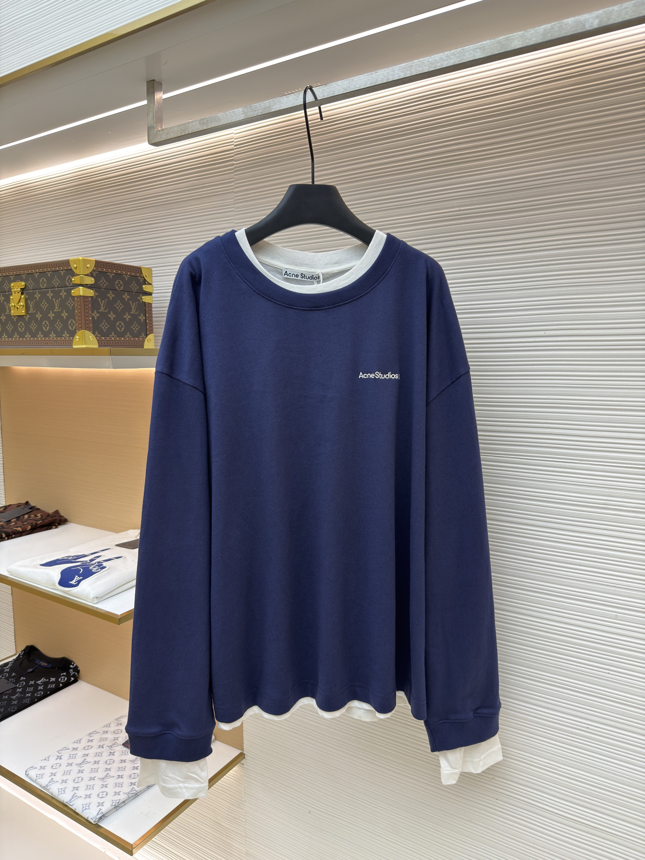 Acne Studios 假两件白边圆领T恤 打底衫 卫衣 长袖 藏蓝色 B0