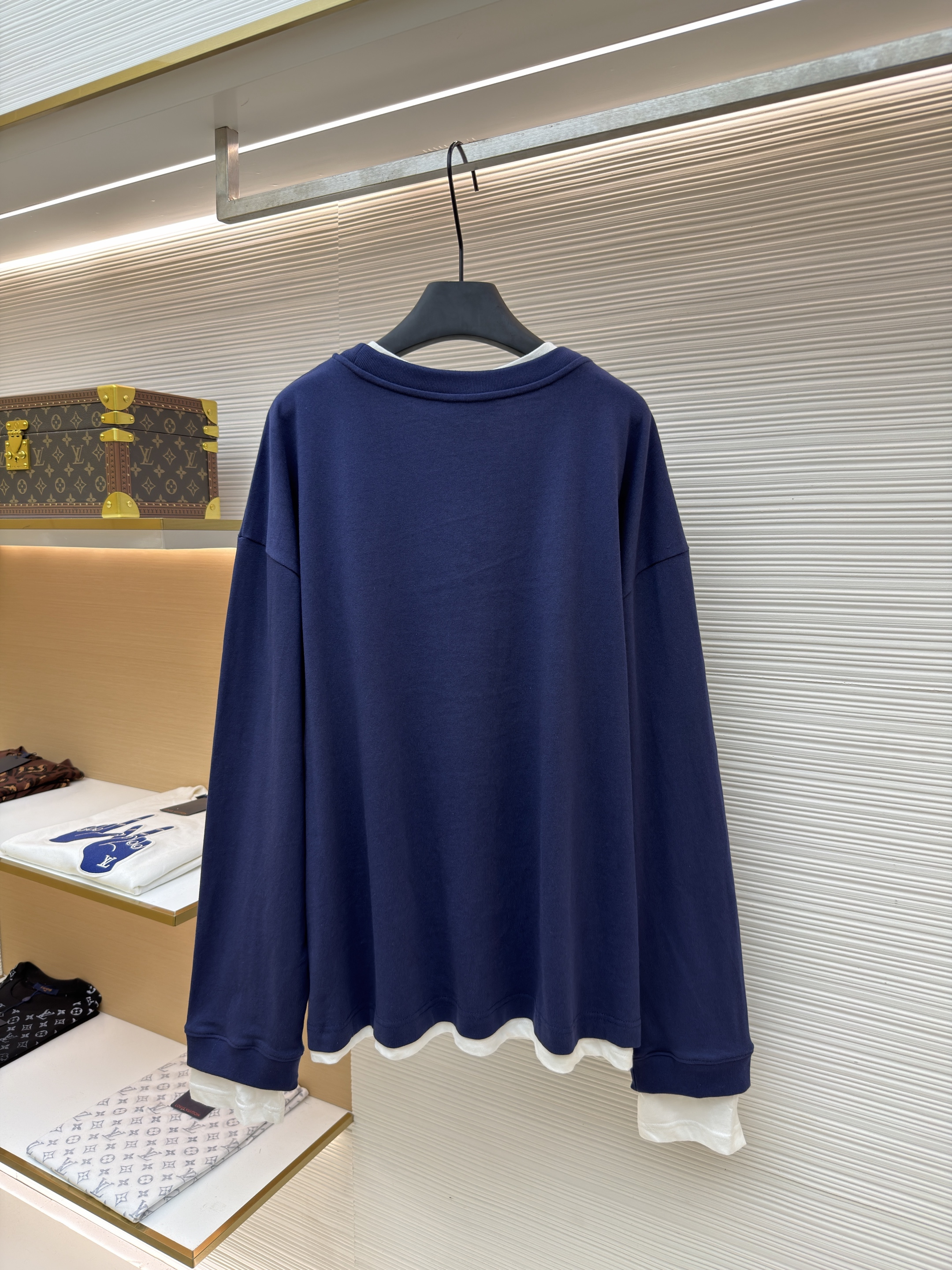 Acne Studios 假两件白边圆领T恤 打底衫 卫衣 长袖 藏蓝色 B0