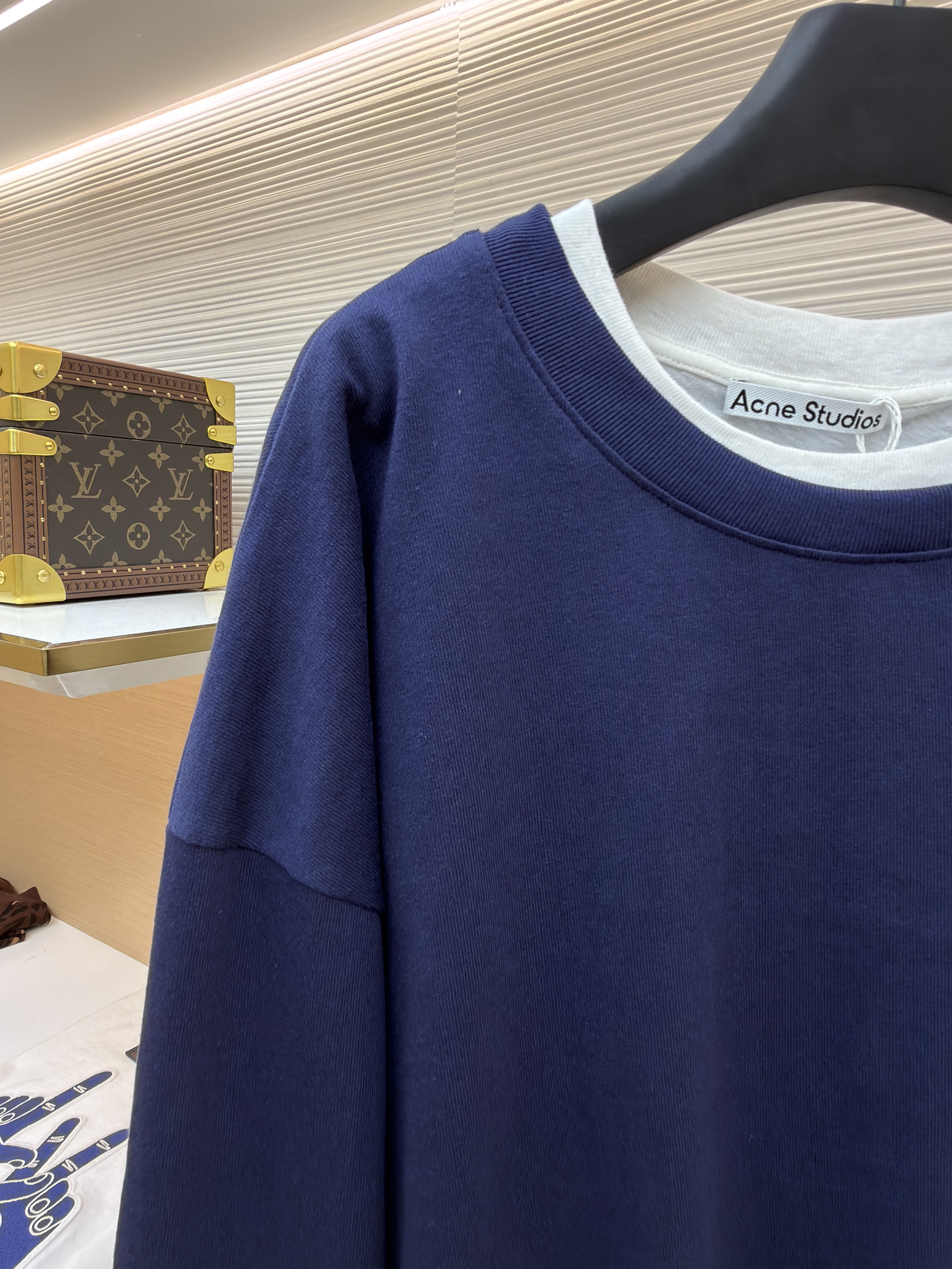 Acne Studios 假两件白边圆领T恤 打底衫 卫衣 长袖 藏蓝色 B0