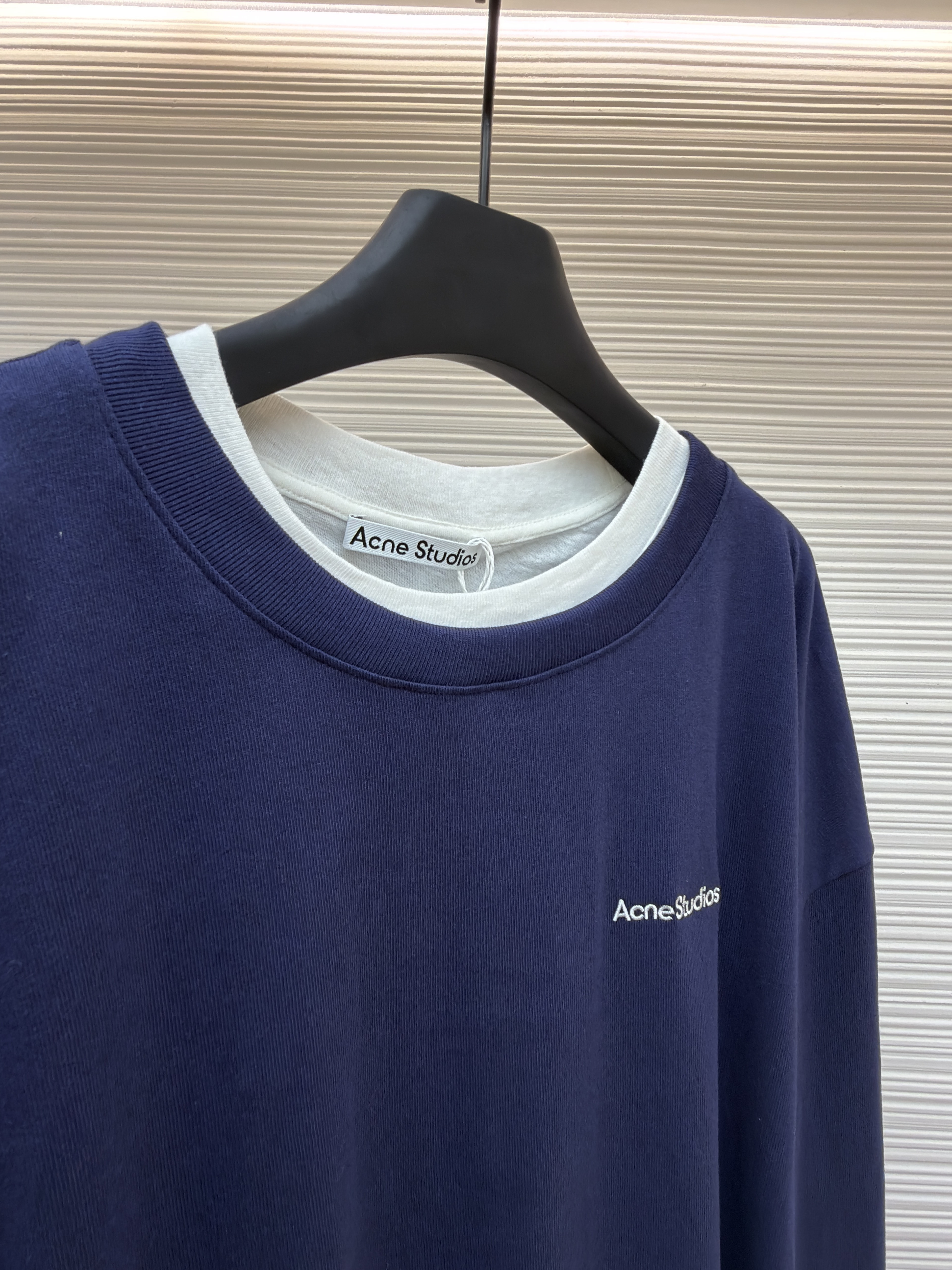 Acne Studios 假两件白边圆领T恤 打底衫 卫衣 长袖 藏蓝色 B0