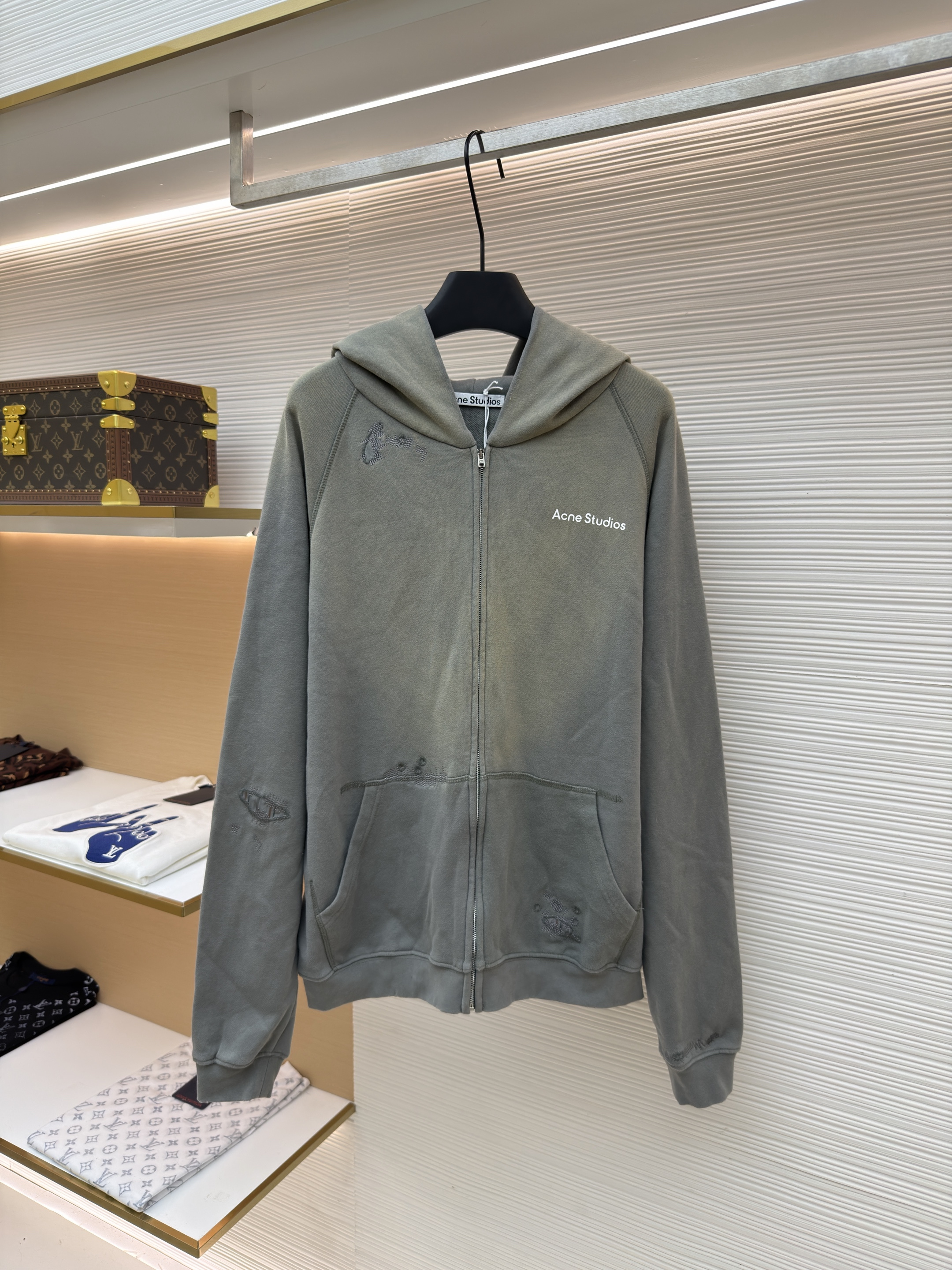 Acne Studios 喷绘做旧徽标拉链连帽卫衣 外套 长袖 绿色 B0
