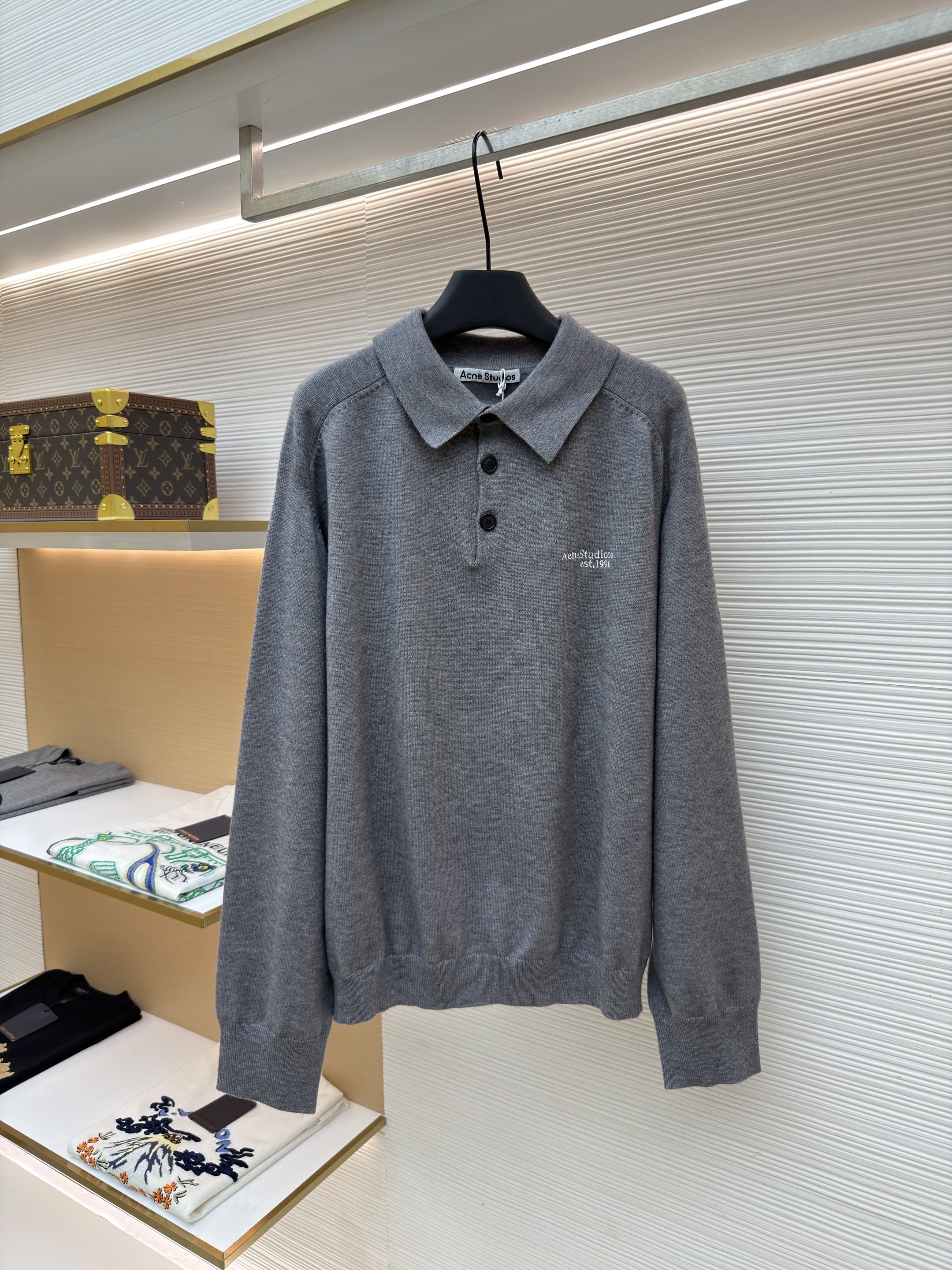 Acne Studios 徽标刺绣针织Polo衫 毛衣 针织衫 长袖 灰色 A7