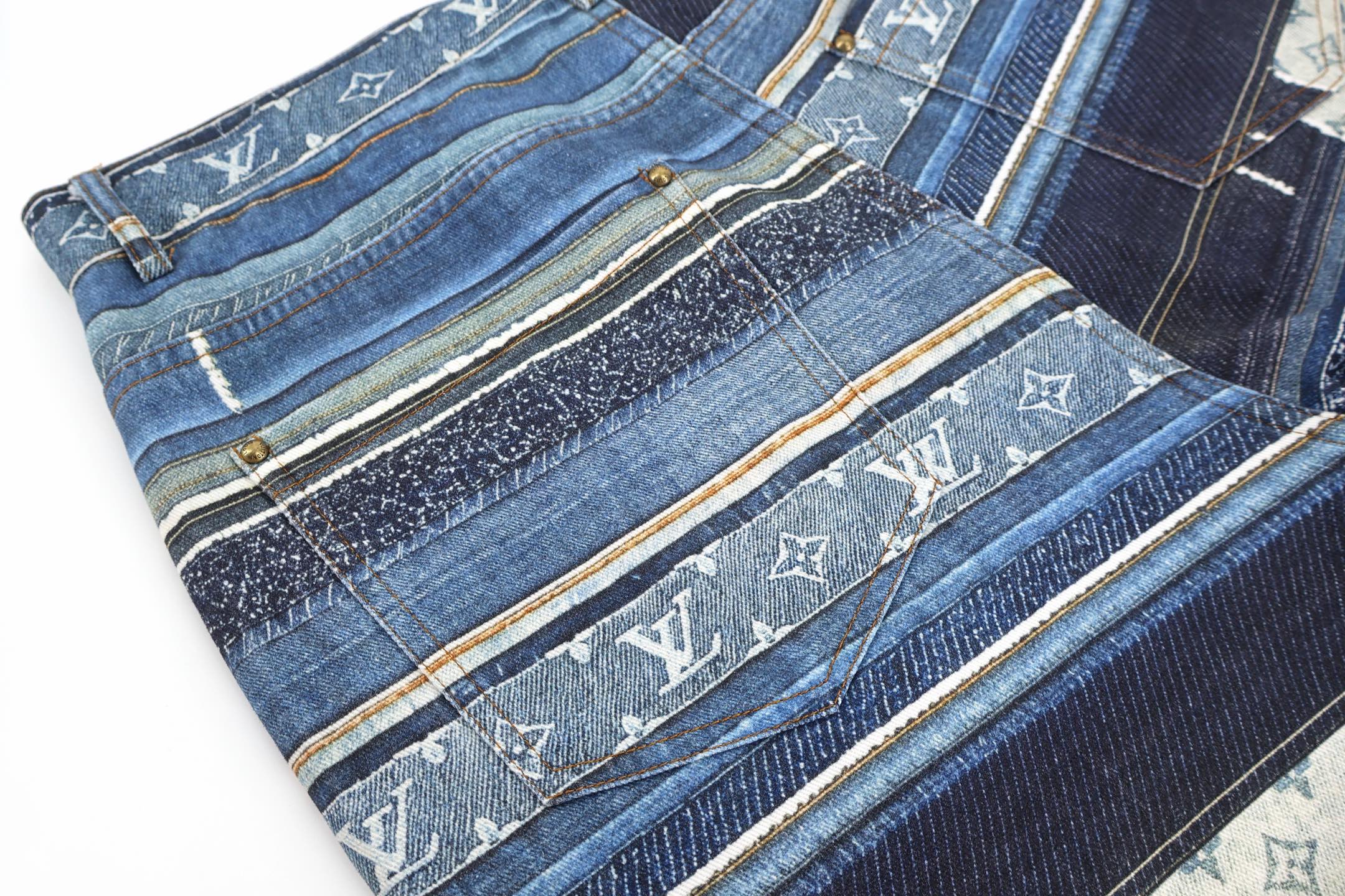 LOUIS VUITTON 路易威登 LV 老花拼接条纹牛仔短裤 休闲裤 裤子 蓝色 B0