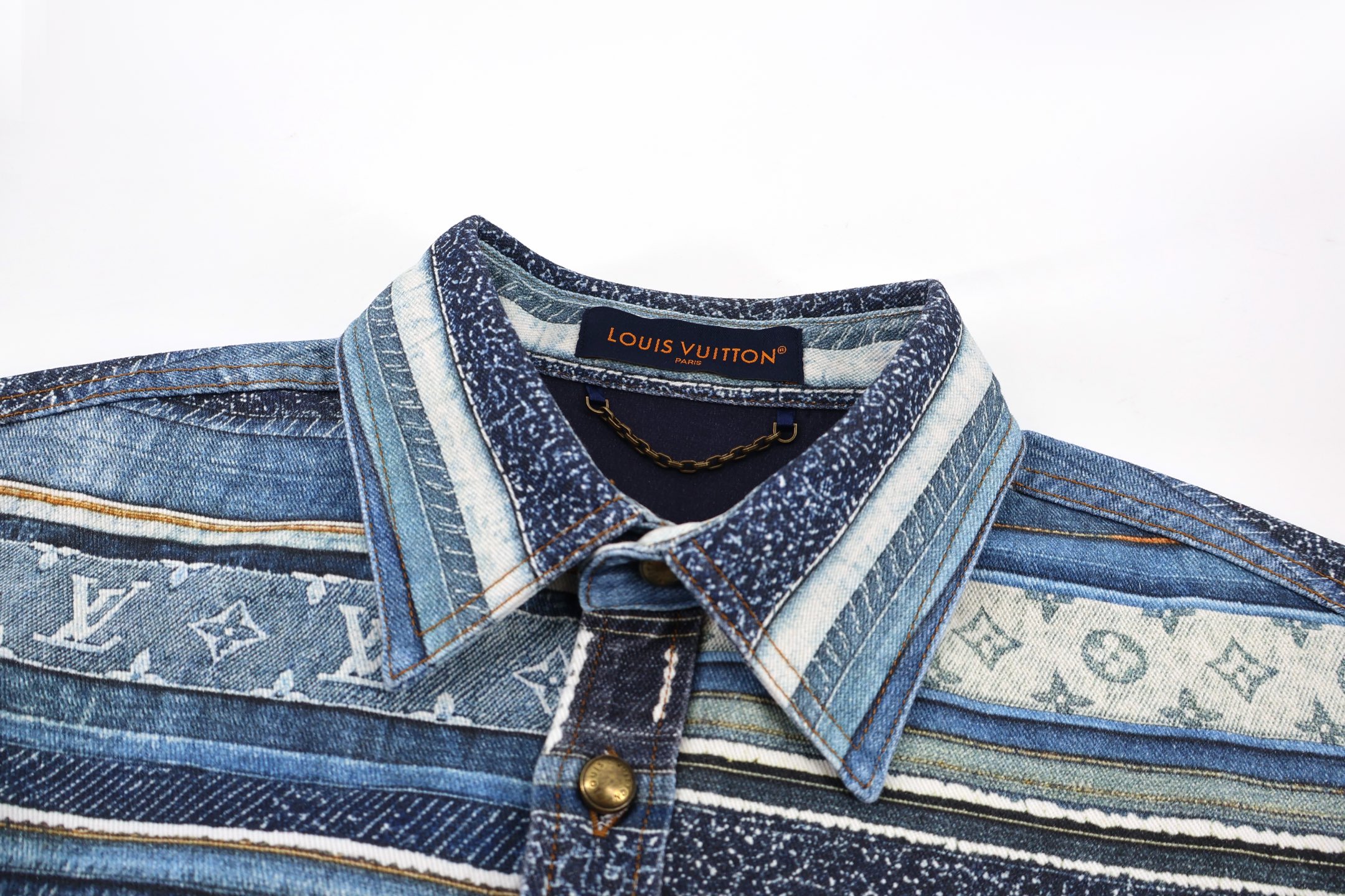 LOUIS VUITTON 路易威登 老花拼接条纹牛仔衬衫 外套 长袖 蓝色 B5