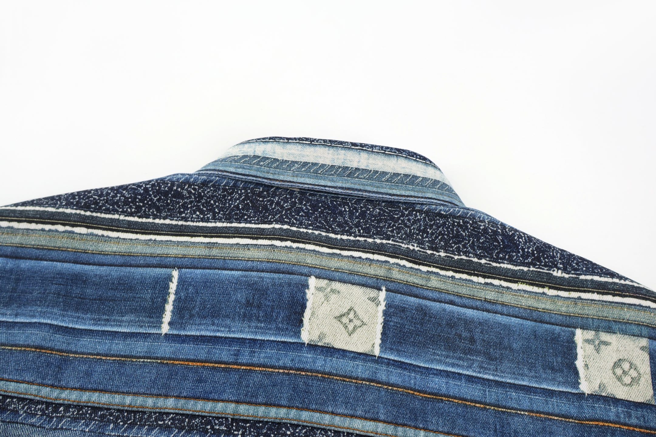 LOUIS VUITTON 路易威登 老花拼接条纹牛仔衬衫 外套 长袖 蓝色 B5