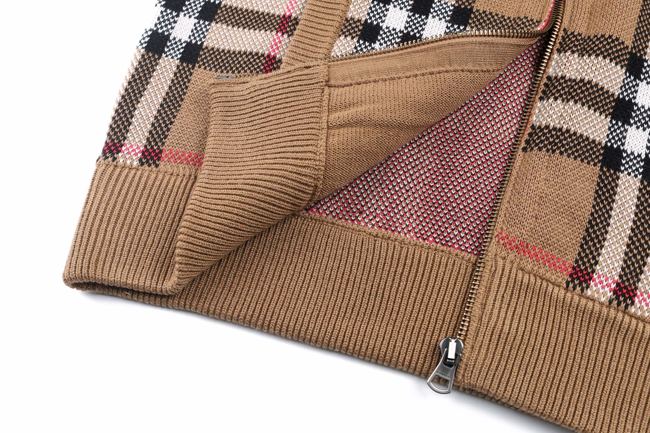 Burberry 巴宝莉 格纹标识拉链针织毛衣 夹克 针织衫 长袖 外套 棕色 B5