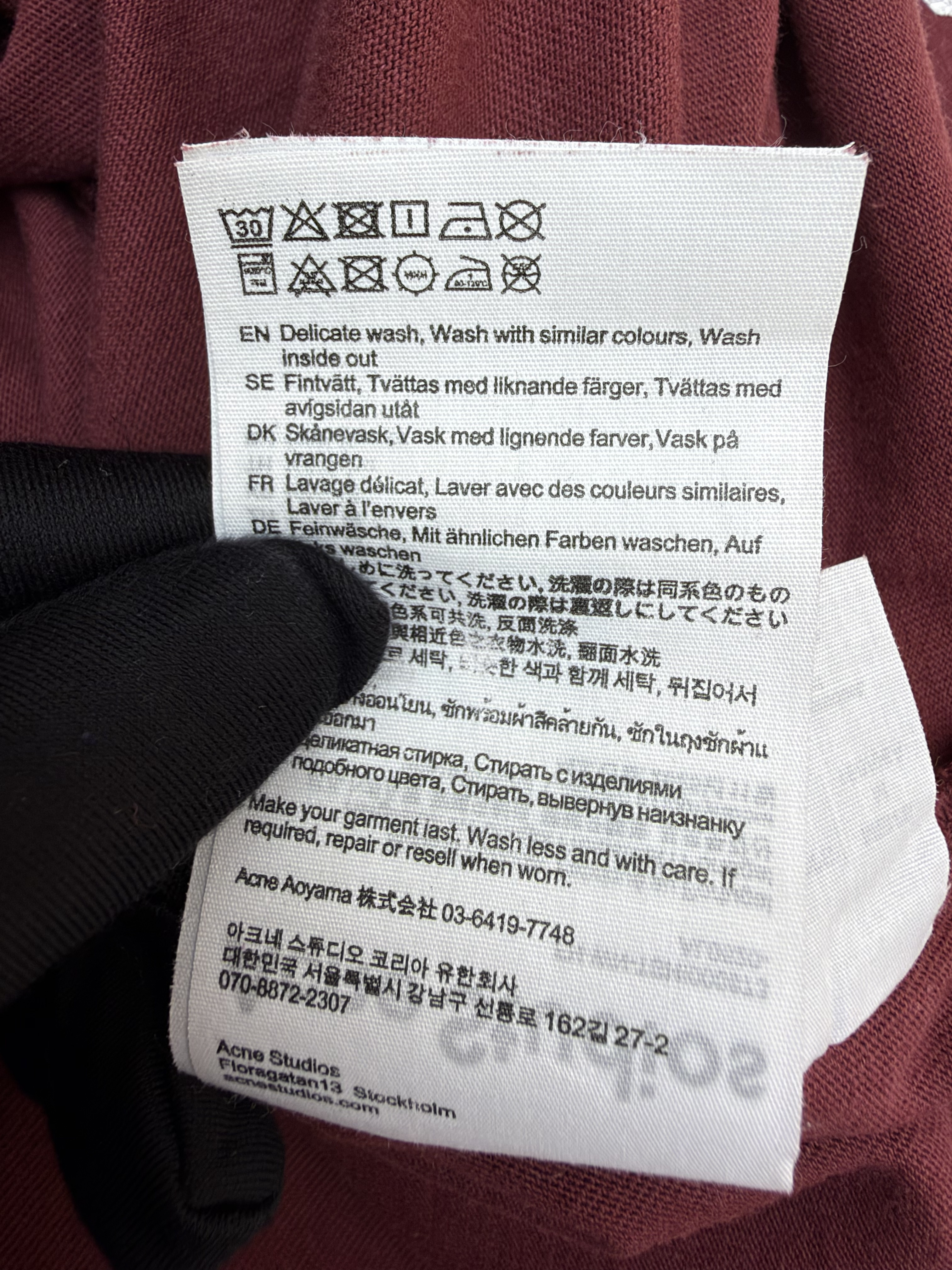 Acne Studios 复古做旧数字印花圆领T恤 打底衫 长袖 酒红色 A5 