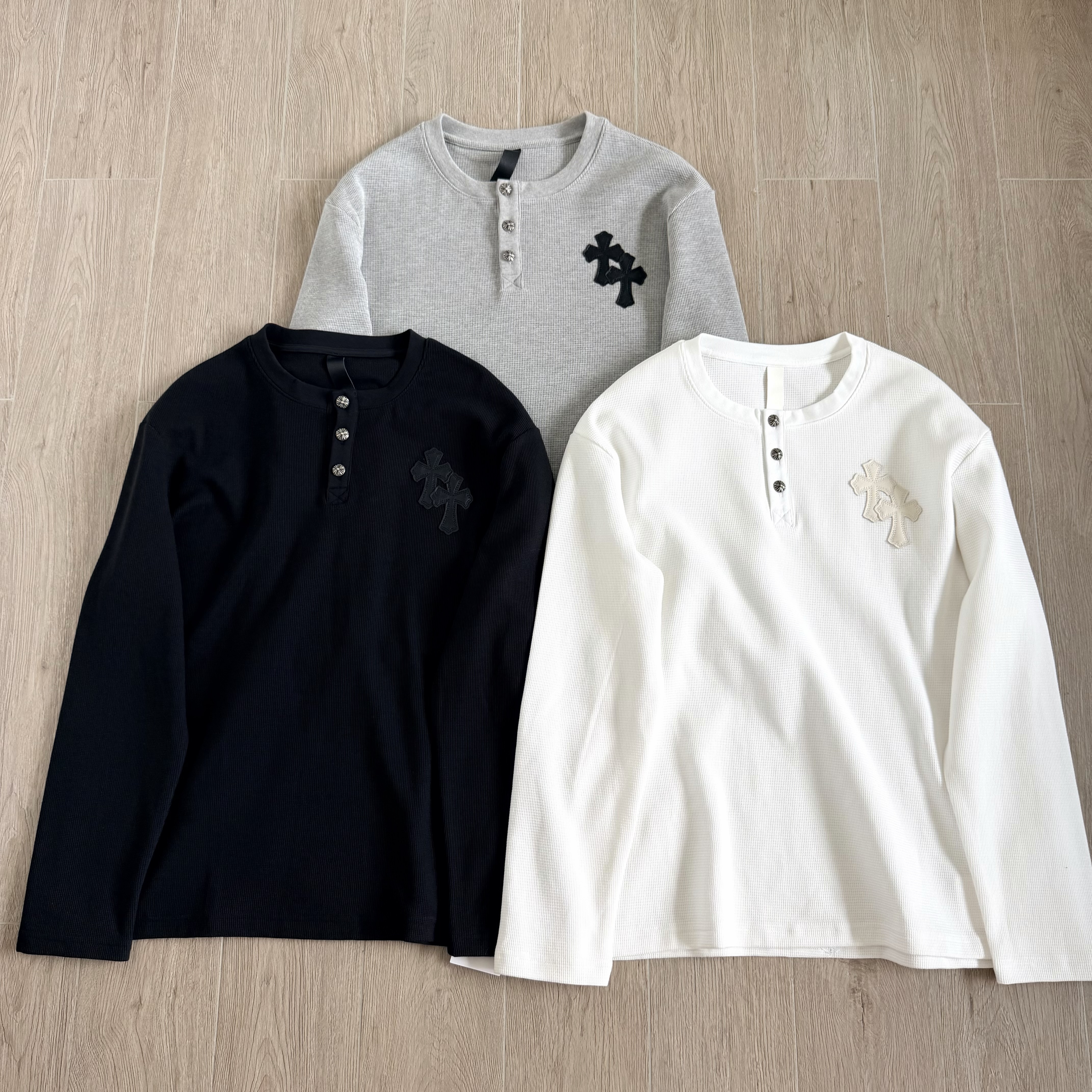 925 Chrome Hearts 克罗心 亨利领前后十字架贴标华夫格T恤 卫衣 长袖 白色 黑色 