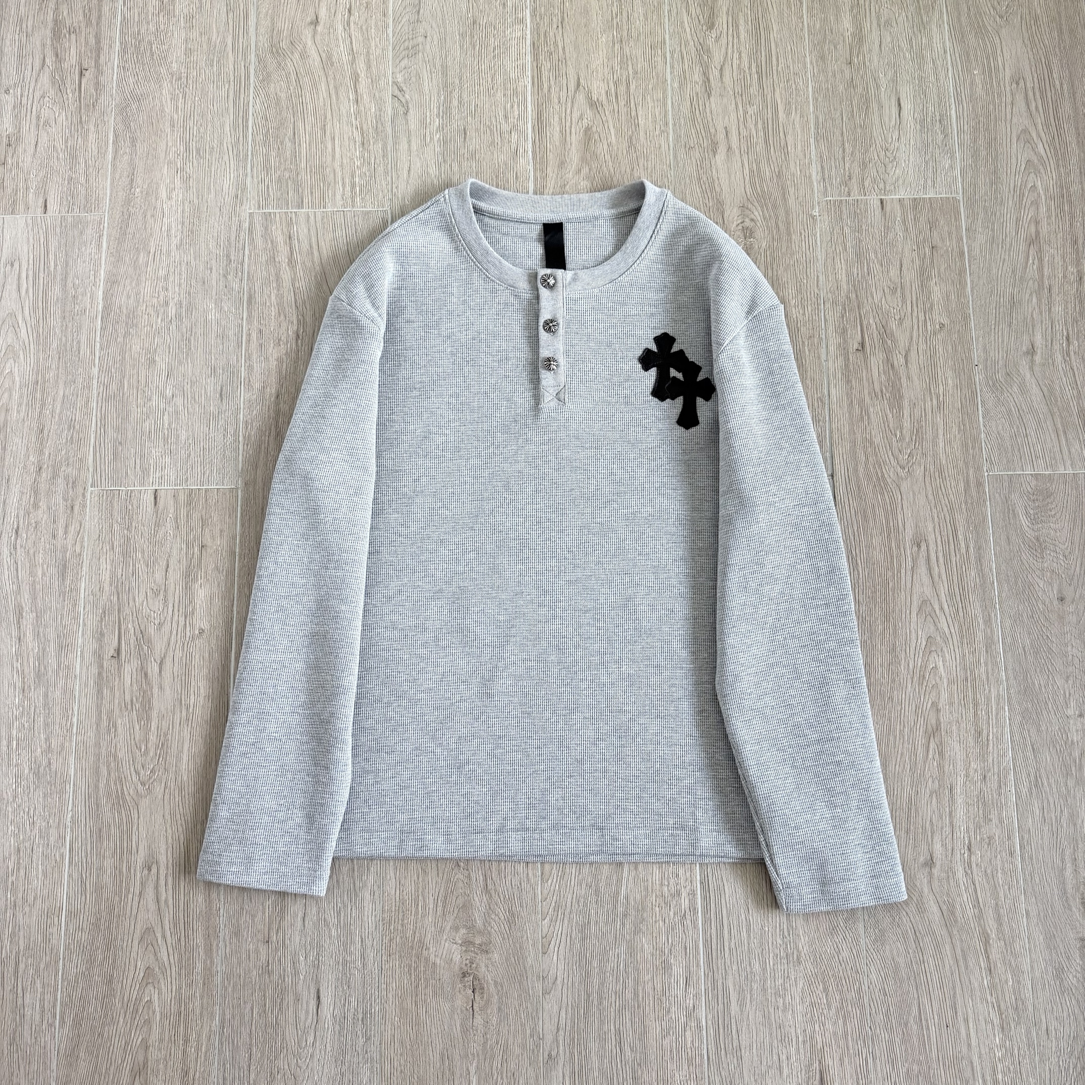 925 Chrome Hearts 克罗心 亨利领前后十字架贴标华夫格T恤 卫衣 长袖 白色 黑色 
