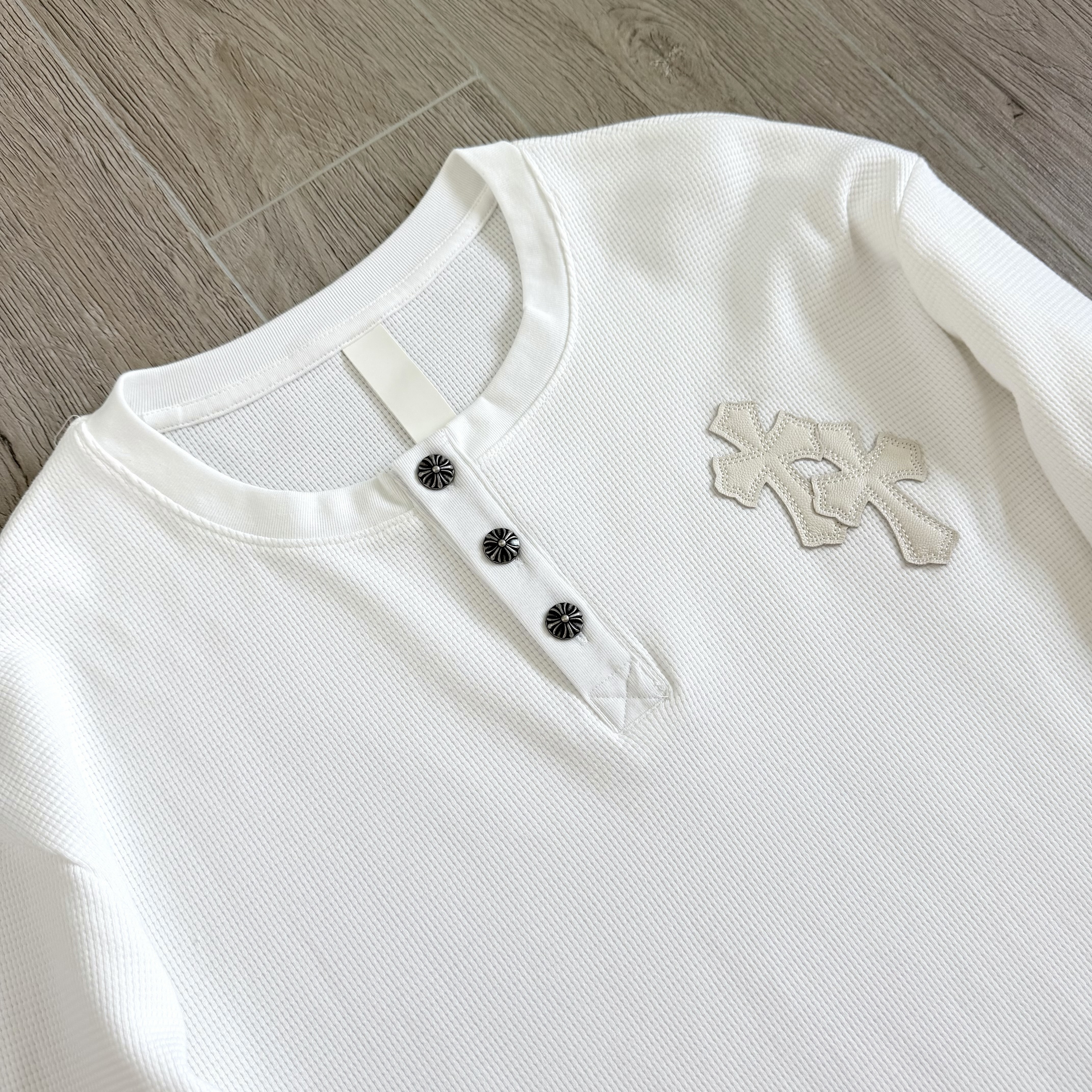 925 Chrome Hearts 克罗心 亨利领前后十字架贴标华夫格T恤 卫衣 长袖 白色 黑色 