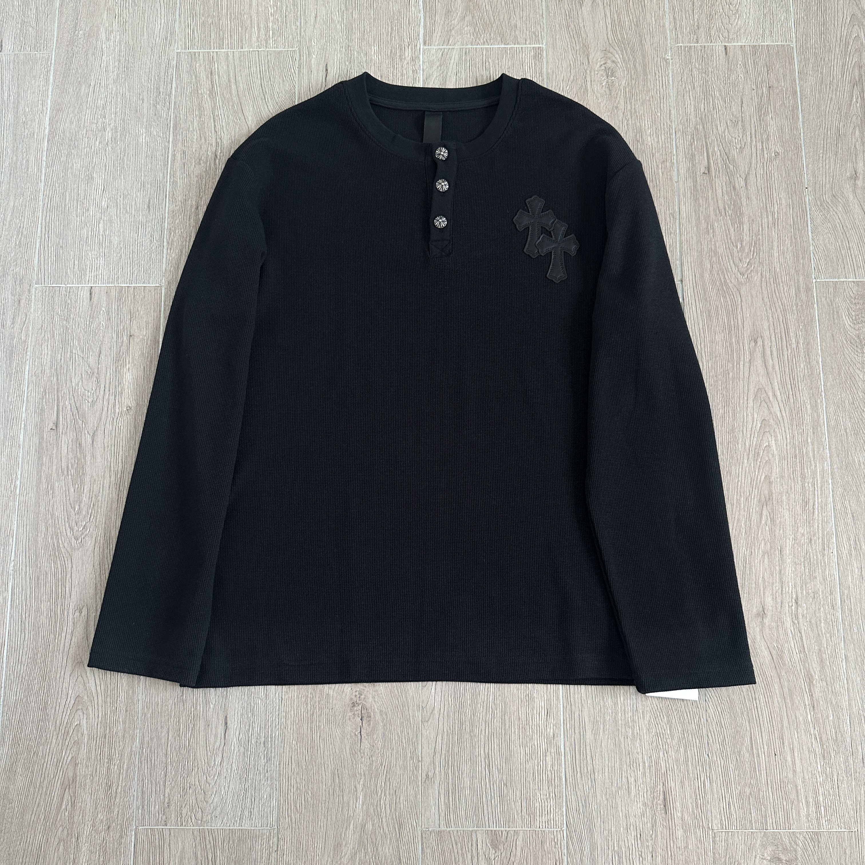 925 Chrome Hearts 克罗心 亨利领前后十字架贴标华夫格T恤 卫衣 长袖 白色 黑色 