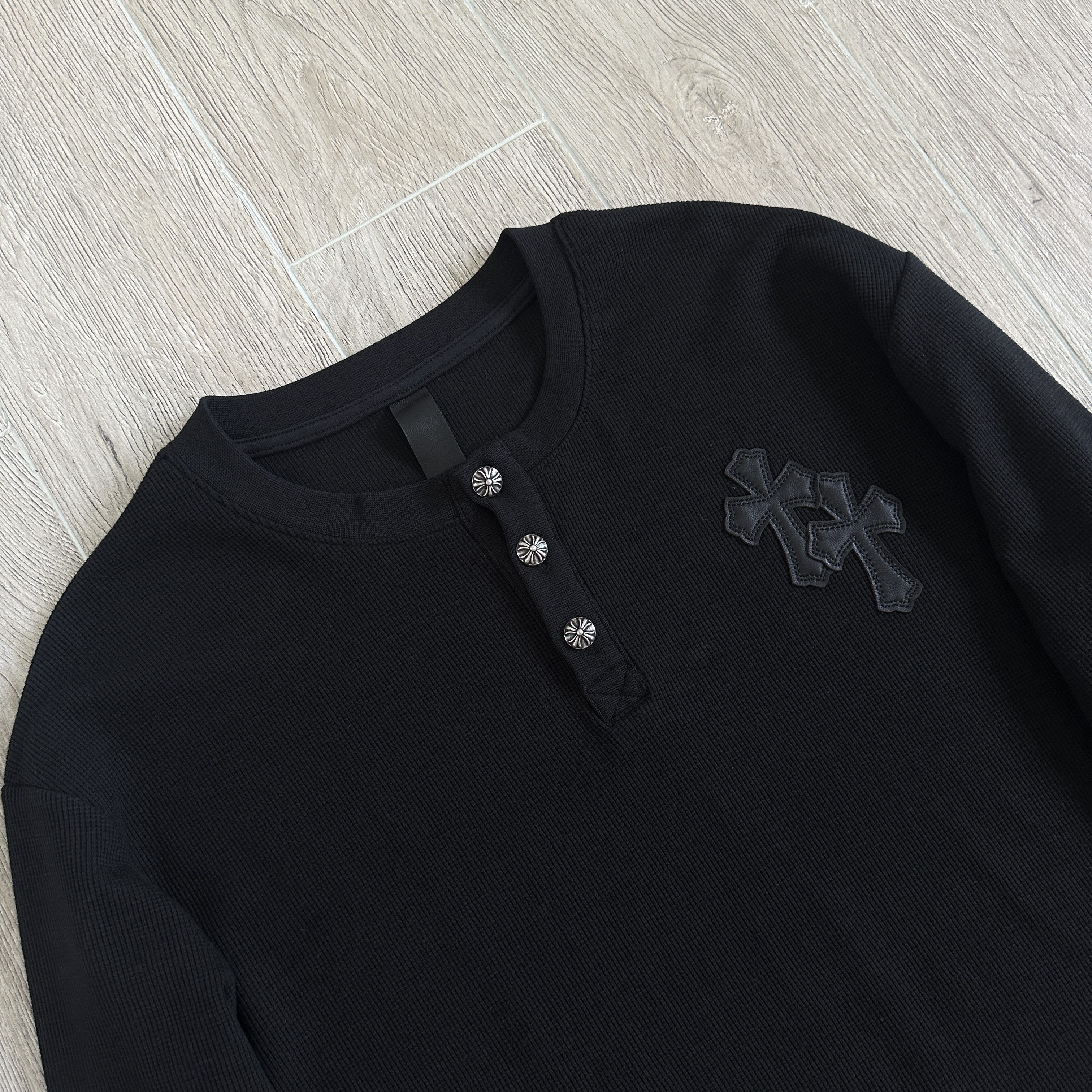 925 Chrome Hearts 克罗心 亨利领前后十字架贴标华夫格T恤 卫衣 长袖 白色 黑色 