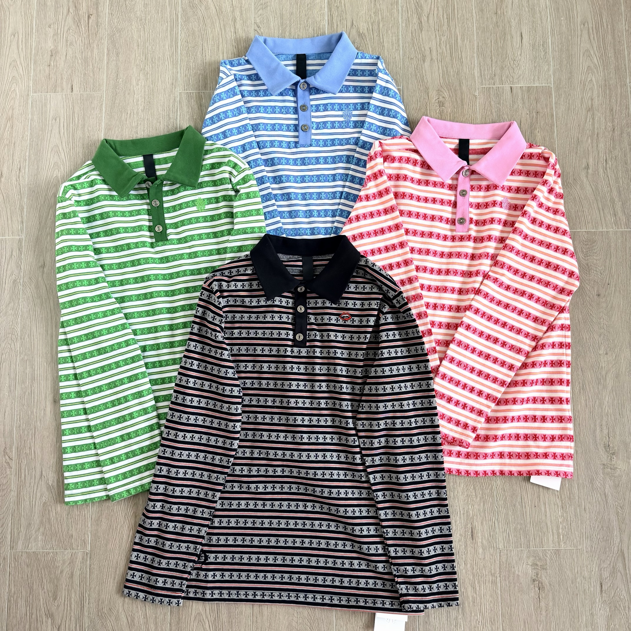 Chrome Hearts CH 克罗心 条纹色织满印刺绣蔓藤Polo衫 T恤 长袖 黑色 绿色 粉色 蓝色