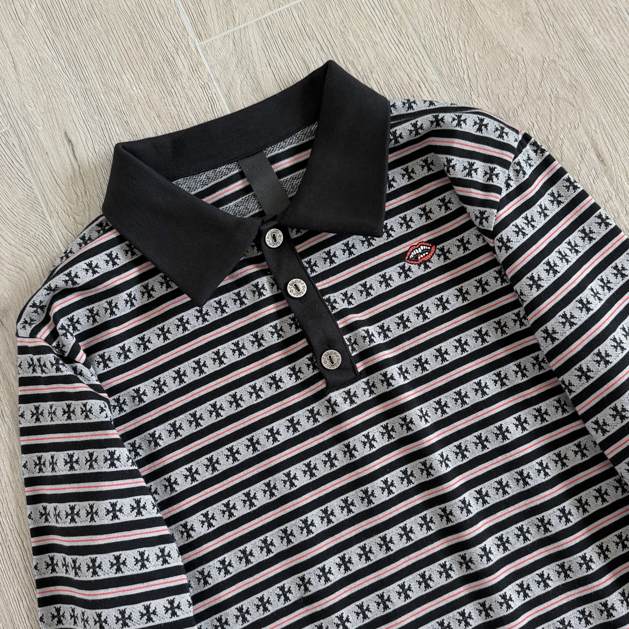 Chrome Hearts CH 克罗心 条纹色织满印刺绣蔓藤Polo衫 T恤 长袖 黑色 绿色 粉色 蓝色