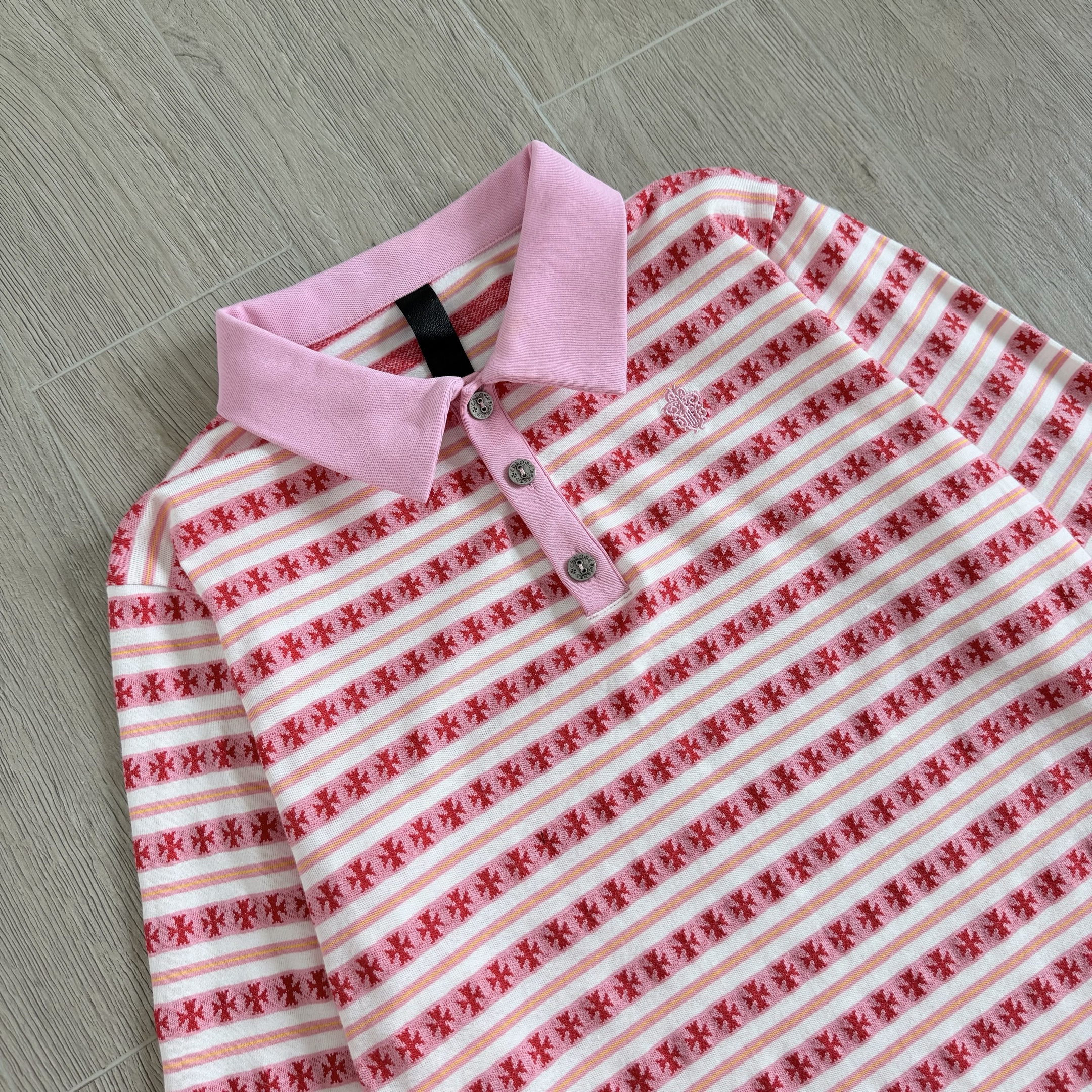 Chrome Hearts CH 克罗心 条纹色织满印刺绣蔓藤Polo衫 T恤 长袖 黑色 绿色 粉色 蓝色