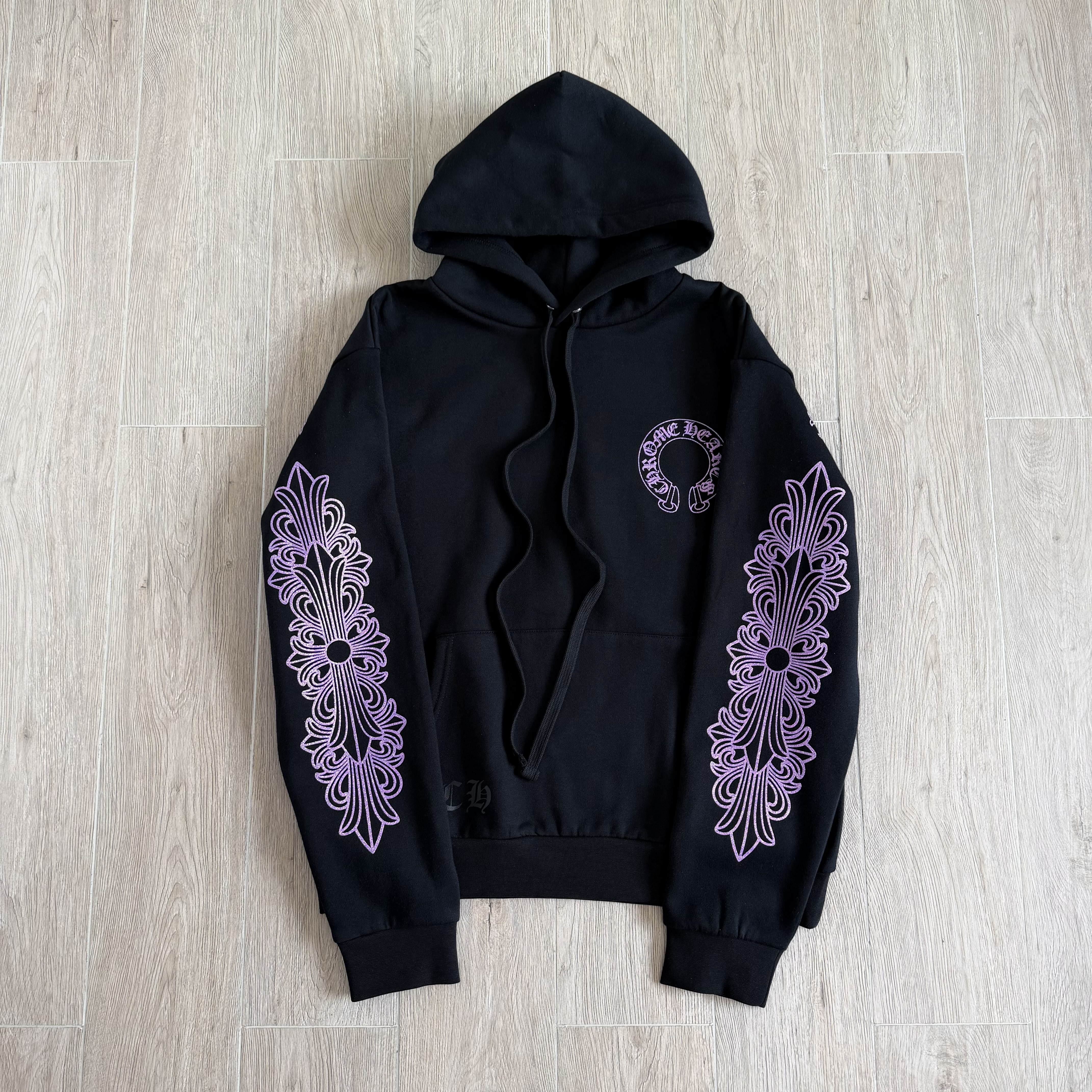 Chrome Hearts 克罗心 亲友限定款 紫色水晶 闪粉抓绒连帽卫衣 连帽衫 外套 长袖 花臂 黑色