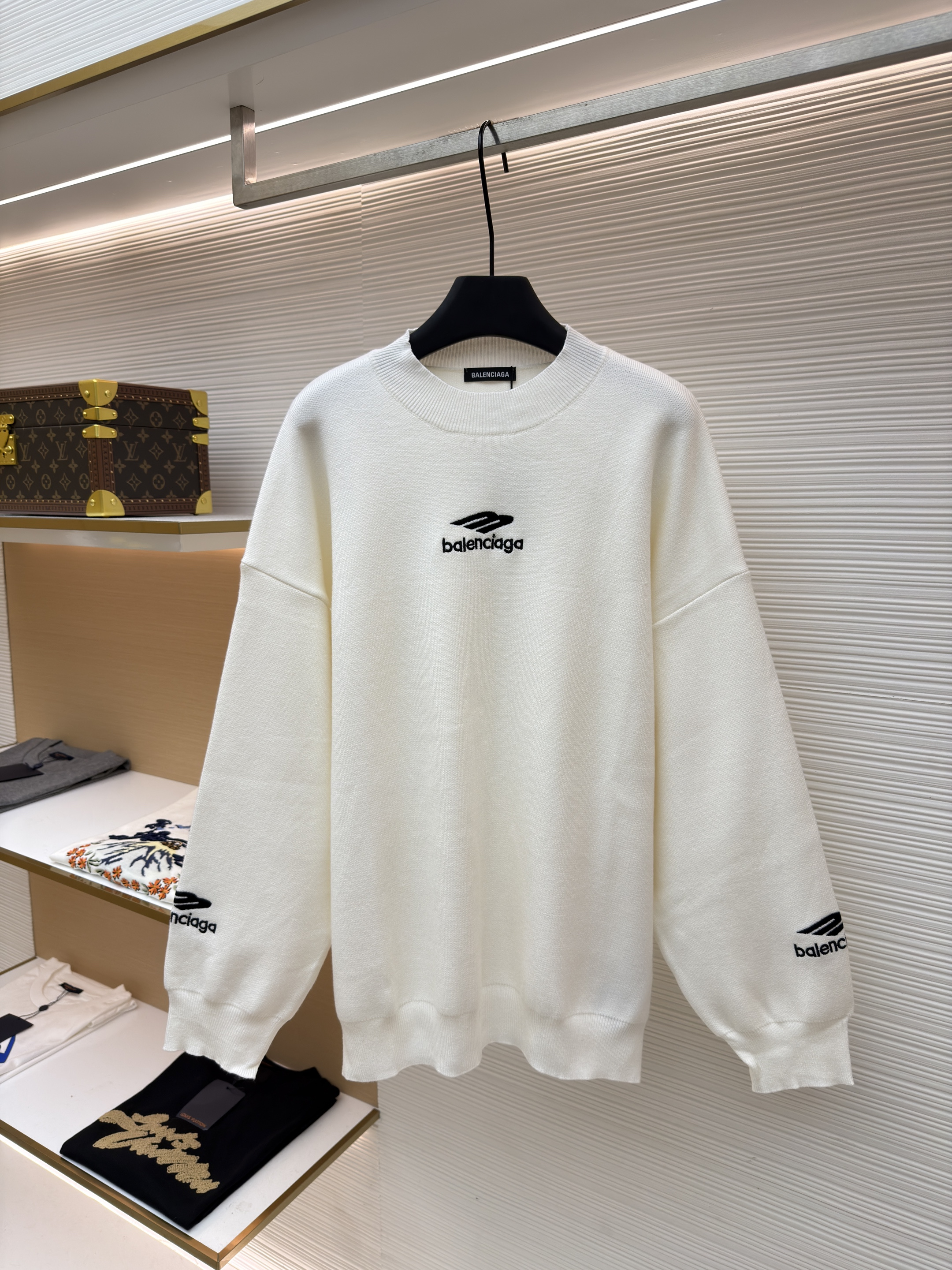 Balenciaga 巴黎世家 3B刺绣圆领毛衣 羊毛衫 针织衫 外套 长袖 白色 黑色 B0 