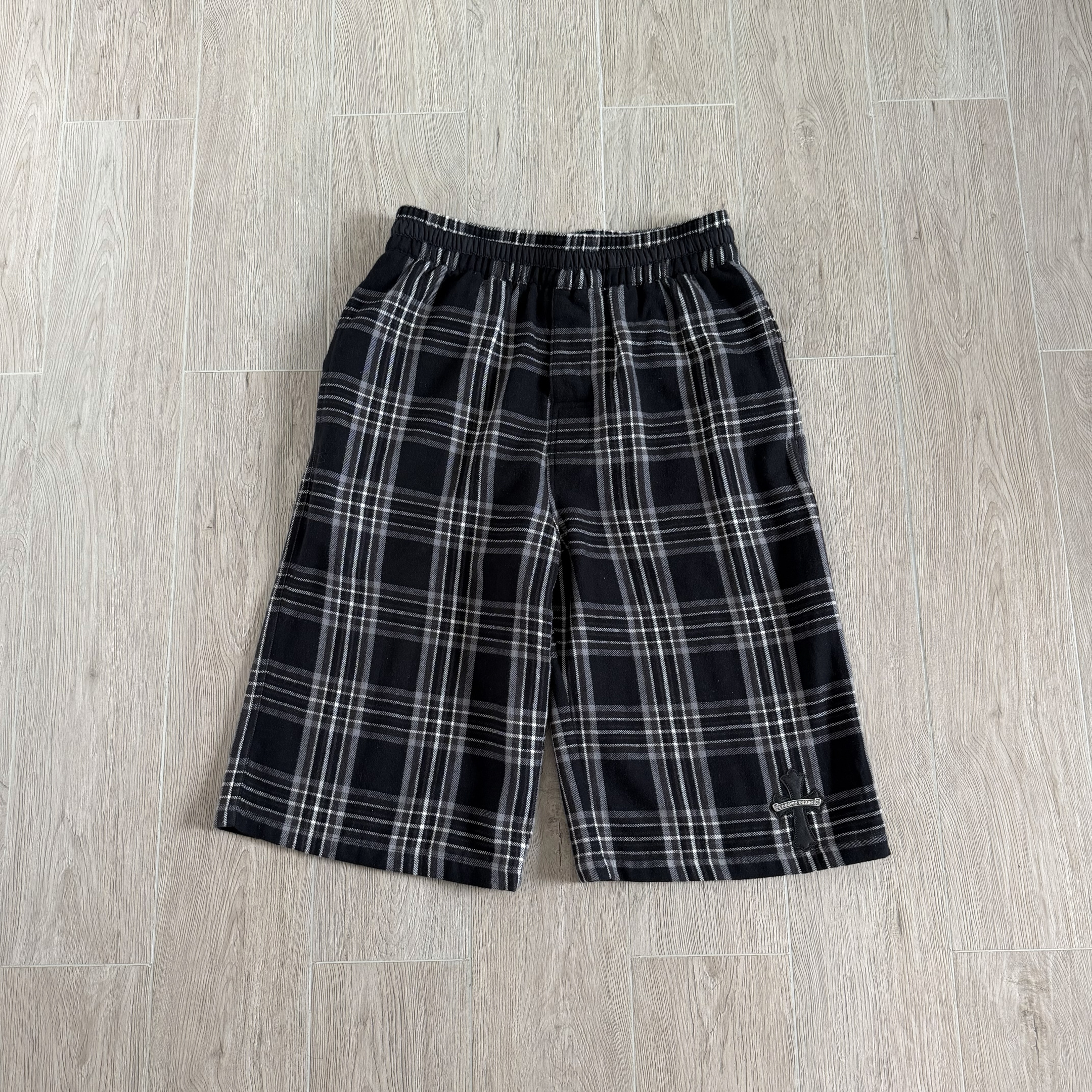 925 Chrome Hearts CH 克罗心 法兰绒 格子 银纸卷轴十字架松紧腰短裤 裤子 休闲裤 七分裤 夏季 黑色