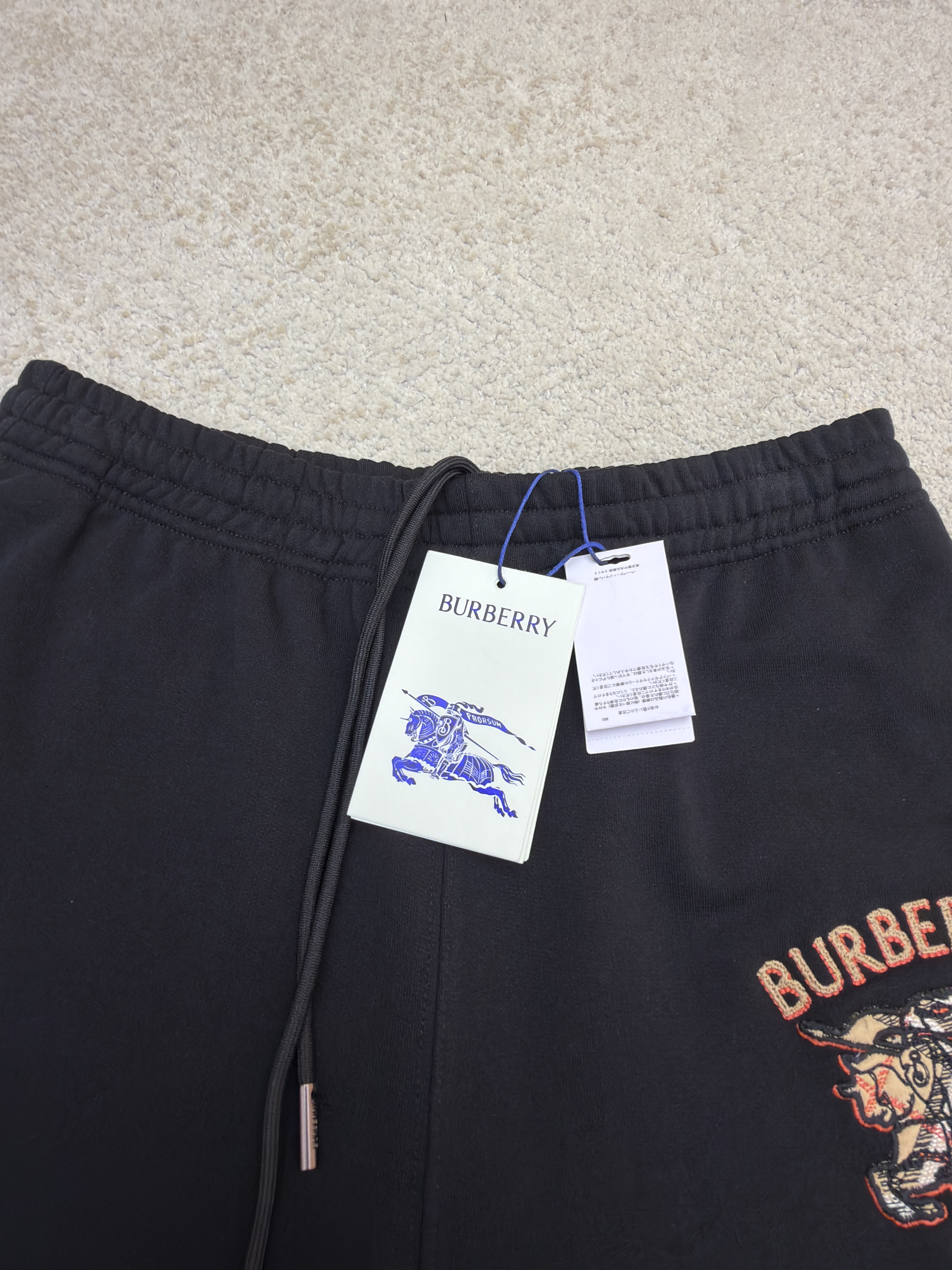 Burberry 巴宝莉 马术骑士绣花格纹松紧腰运动裤 休闲裤 卫裤 裤子 长裤 黑色 B0