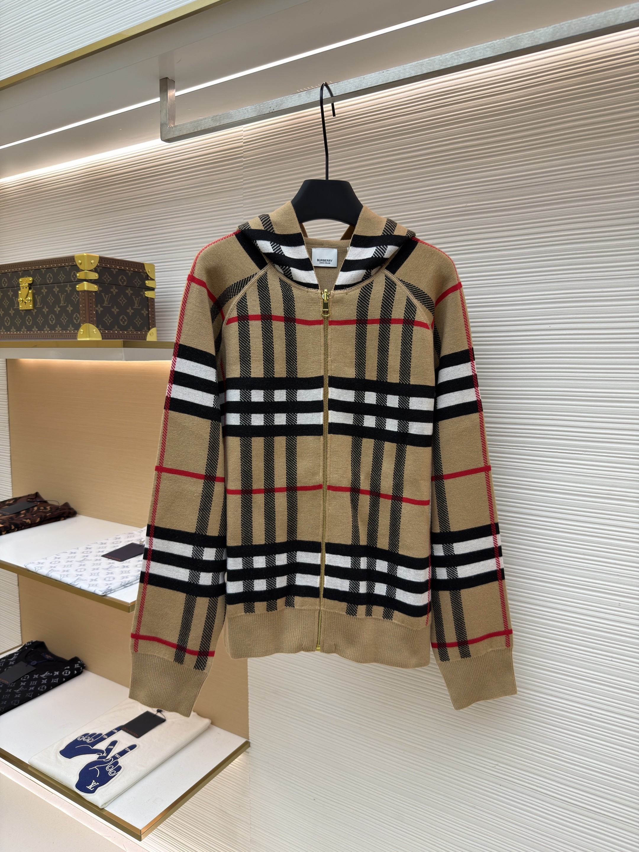 Burberry 巴宝莉 战马双面两穿羊绒格纹针织拉链连帽外套 夹克 针织衫 长袖 秋冬 卡其色 C0