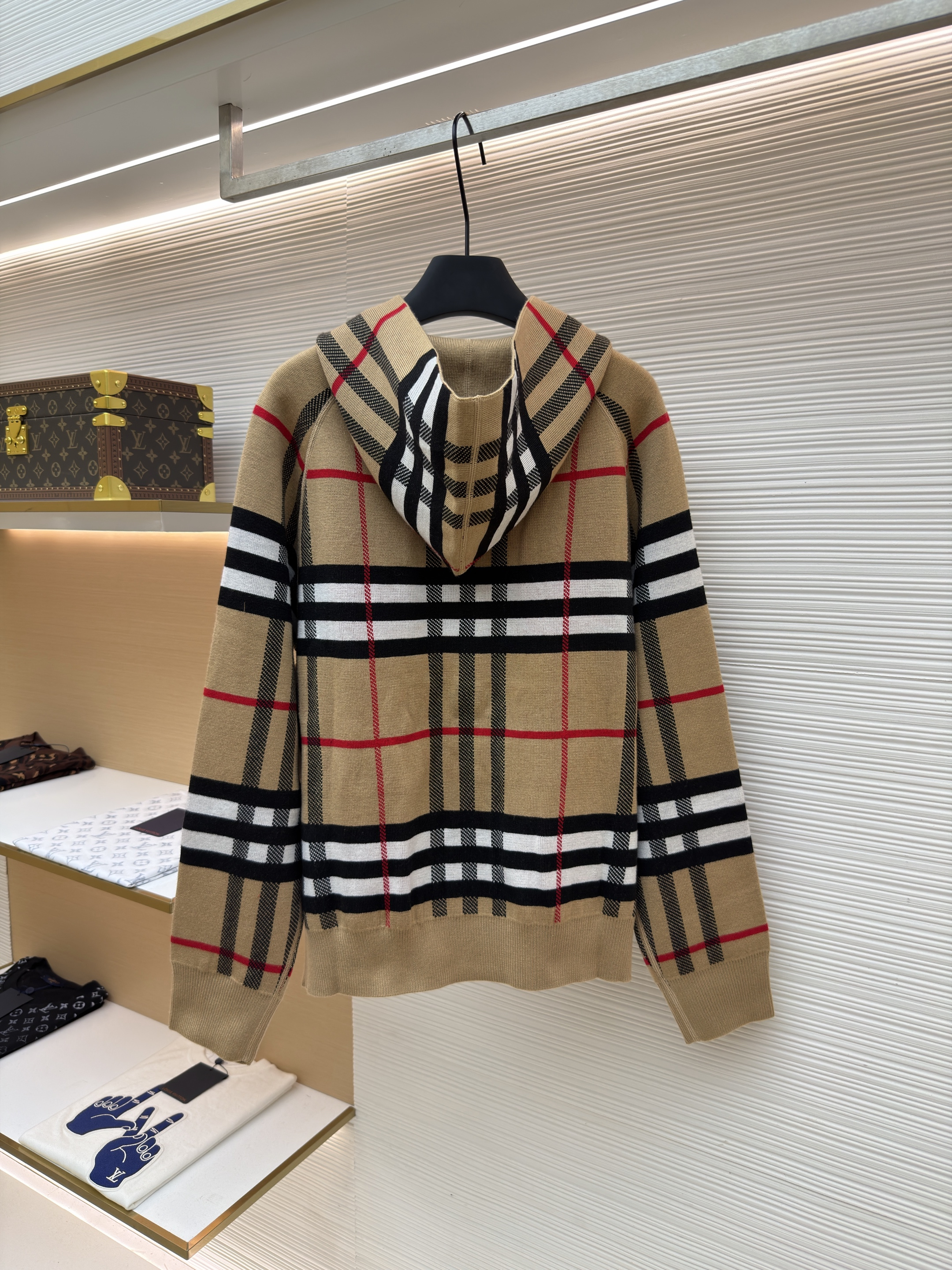 Burberry 巴宝莉 战马双面两穿羊绒格纹针织拉链连帽外套 夹克 针织衫 长袖 秋冬 卡其色 C0