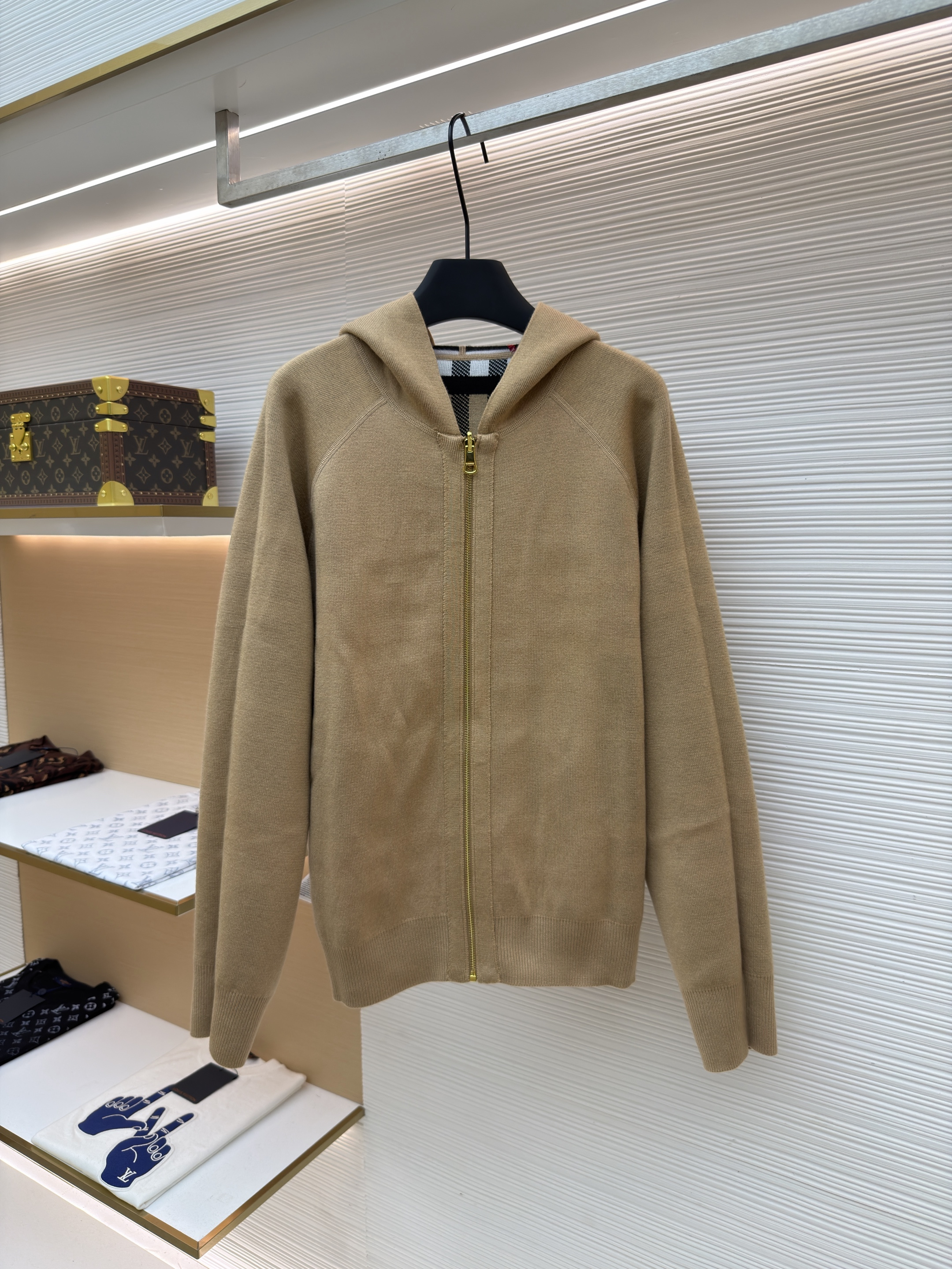 Burberry 巴宝莉 战马双面两穿羊绒格纹针织拉链连帽外套 夹克 针织衫 长袖 秋冬 卡其色 C0