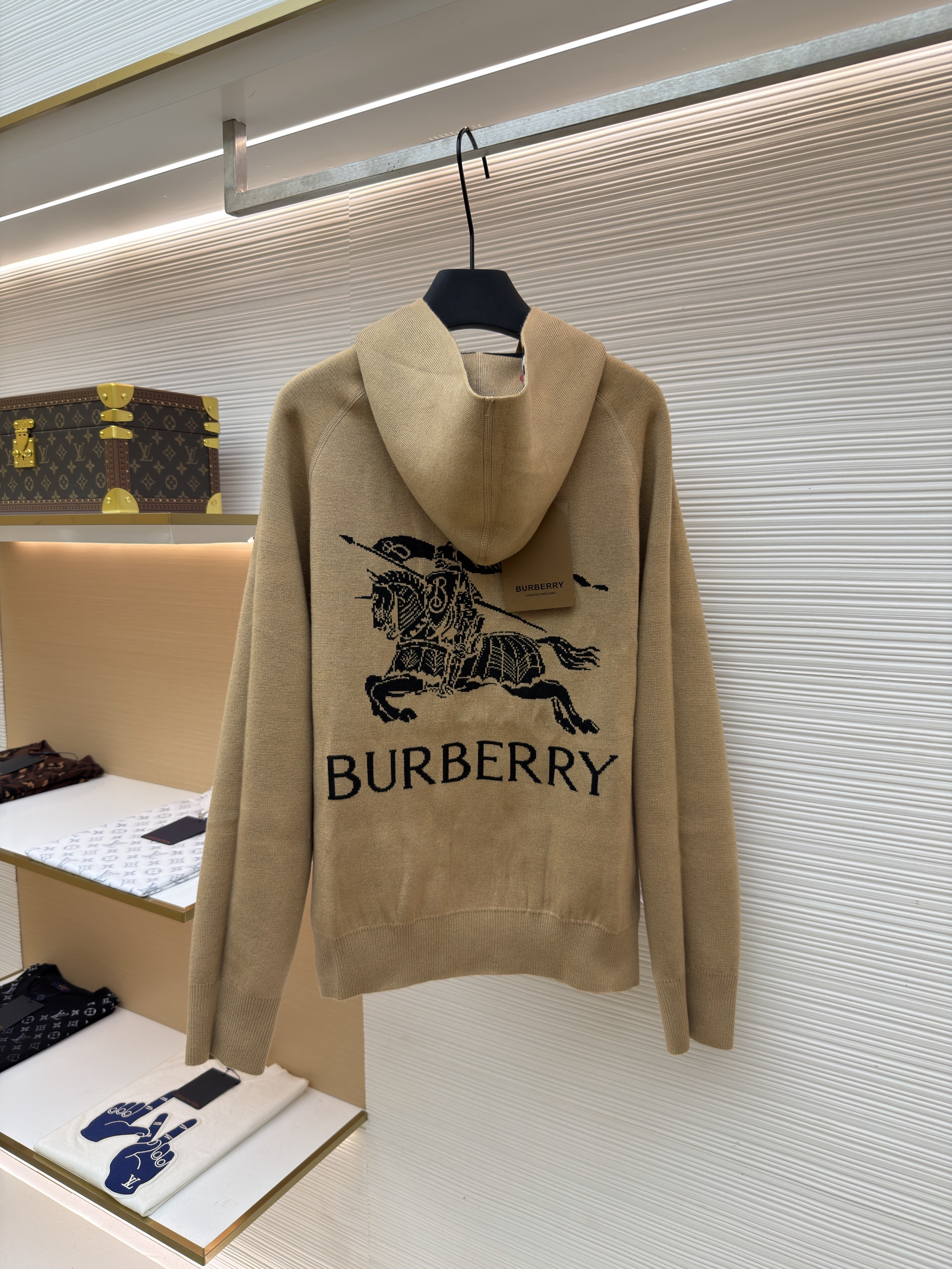 Burberry 巴宝莉 战马双面两穿羊绒格纹针织拉链连帽外套 夹克 针织衫 长袖 秋冬 卡其色 C0