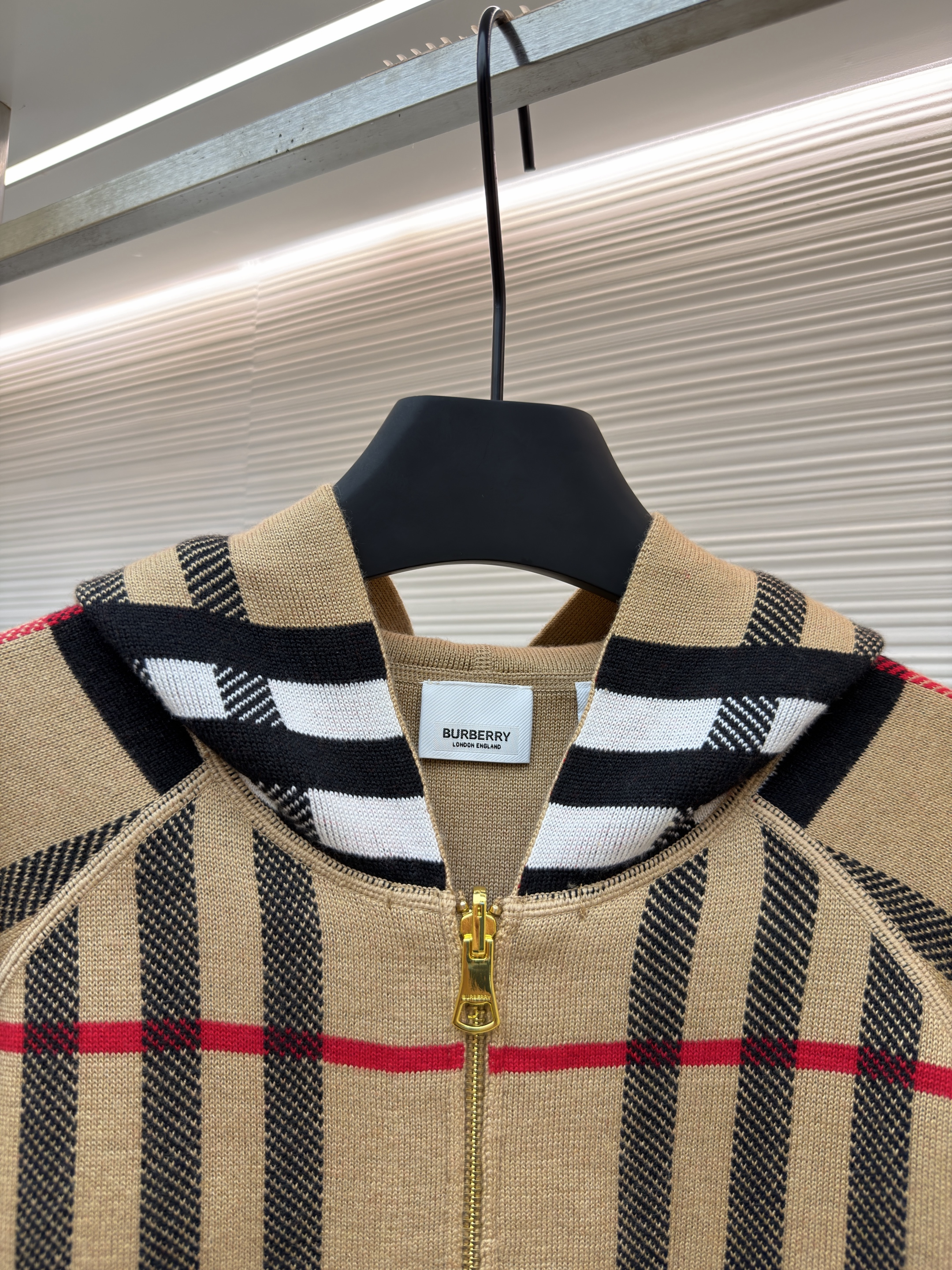 Burberry 巴宝莉 战马双面两穿羊绒格纹针织拉链连帽外套 夹克 针织衫 长袖 秋冬 卡其色 C0