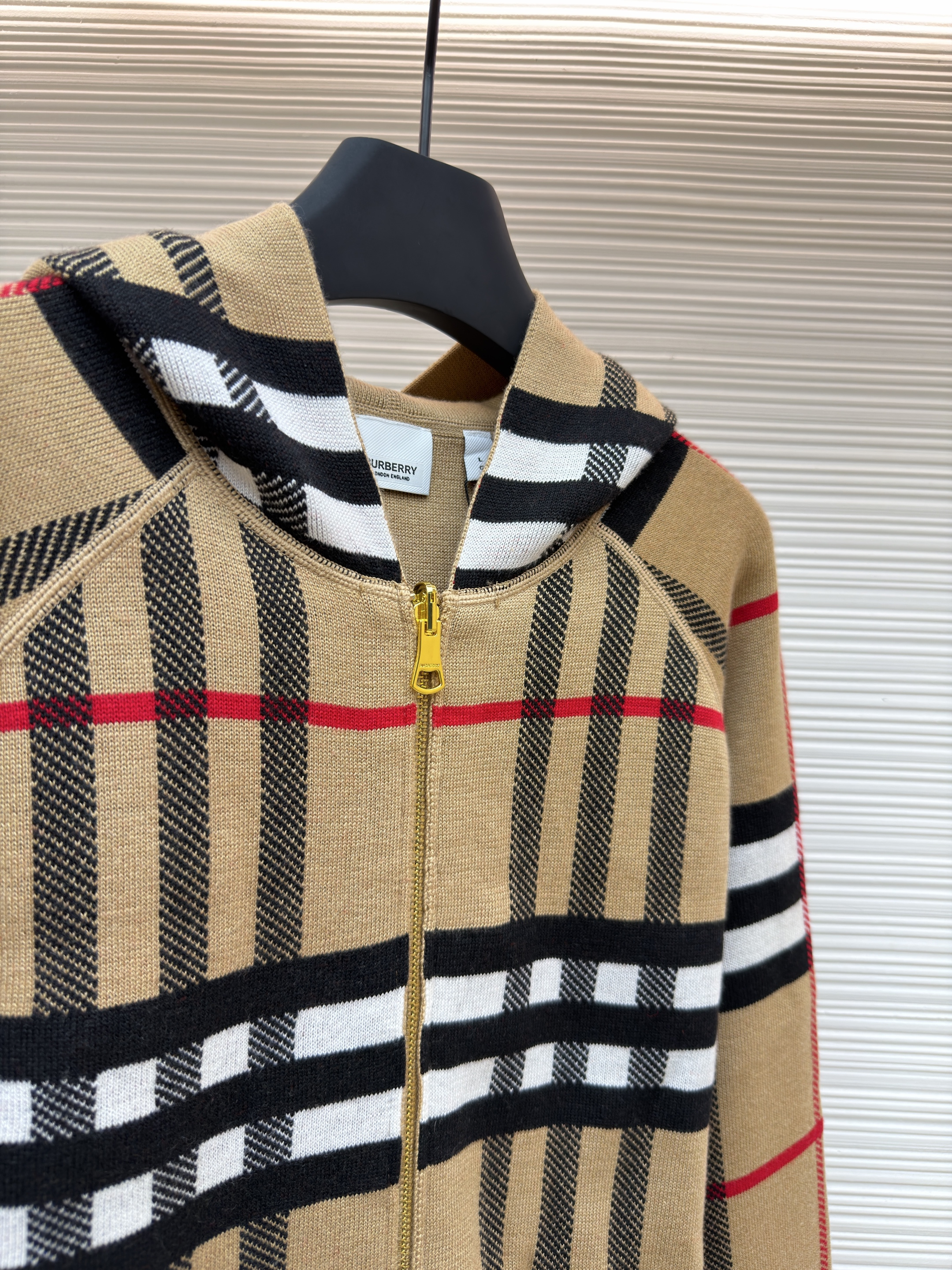 Burberry 巴宝莉 战马双面两穿羊绒格纹针织拉链连帽外套 夹克 针织衫 长袖 秋冬 卡其色 C0